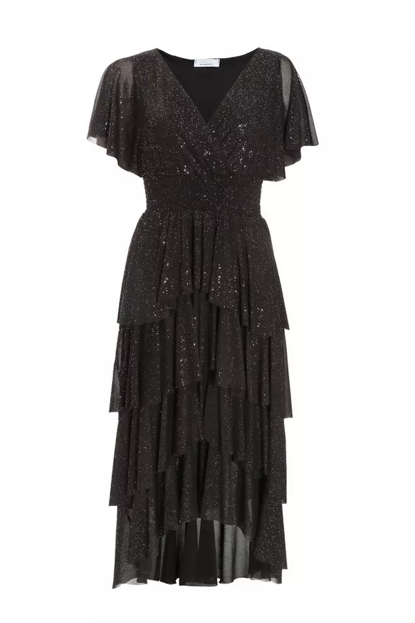 Black Glitter Tiered Dip Hem Midi Dress