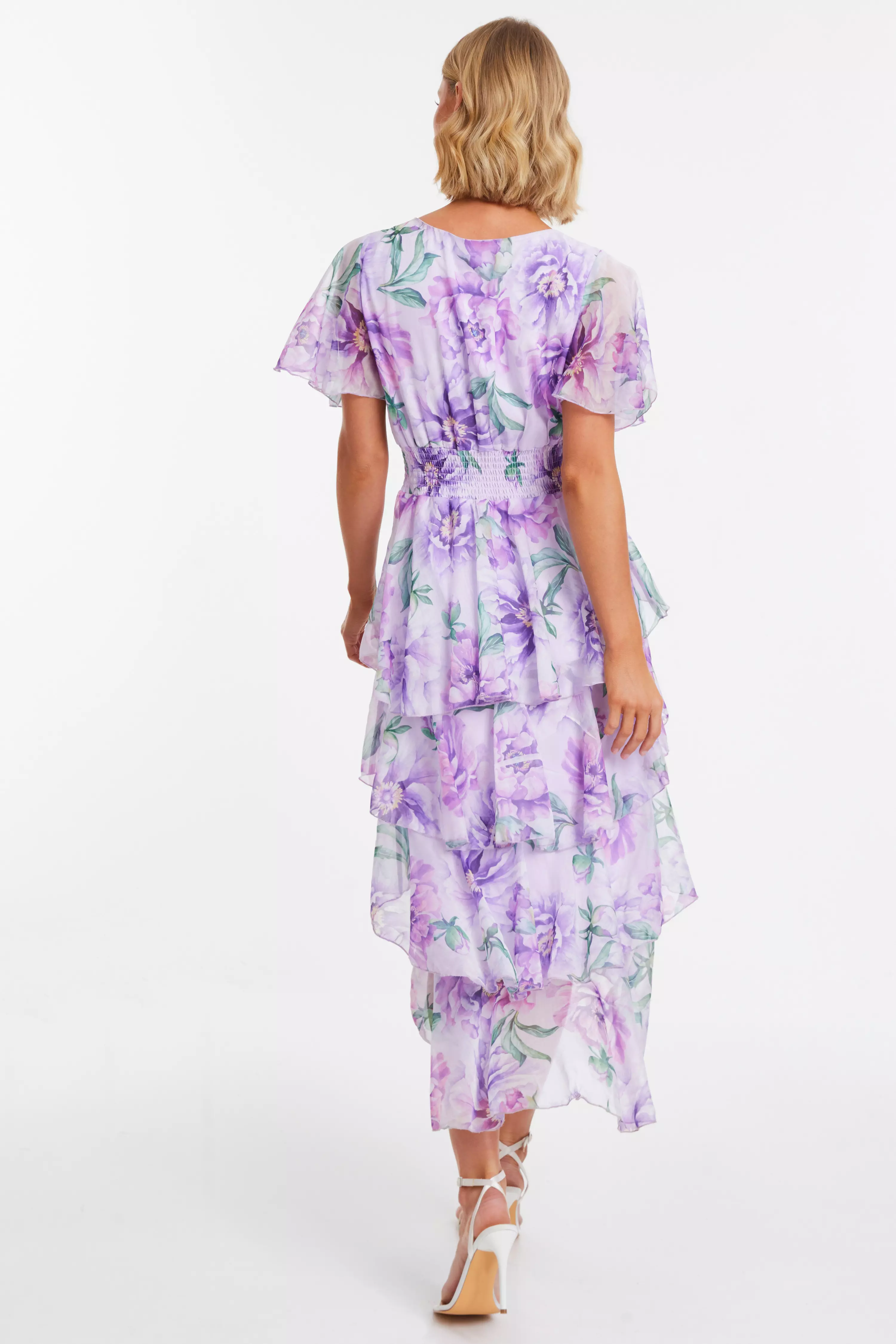 Lilac Floral Chiffon Frill Dip Hem Dress
