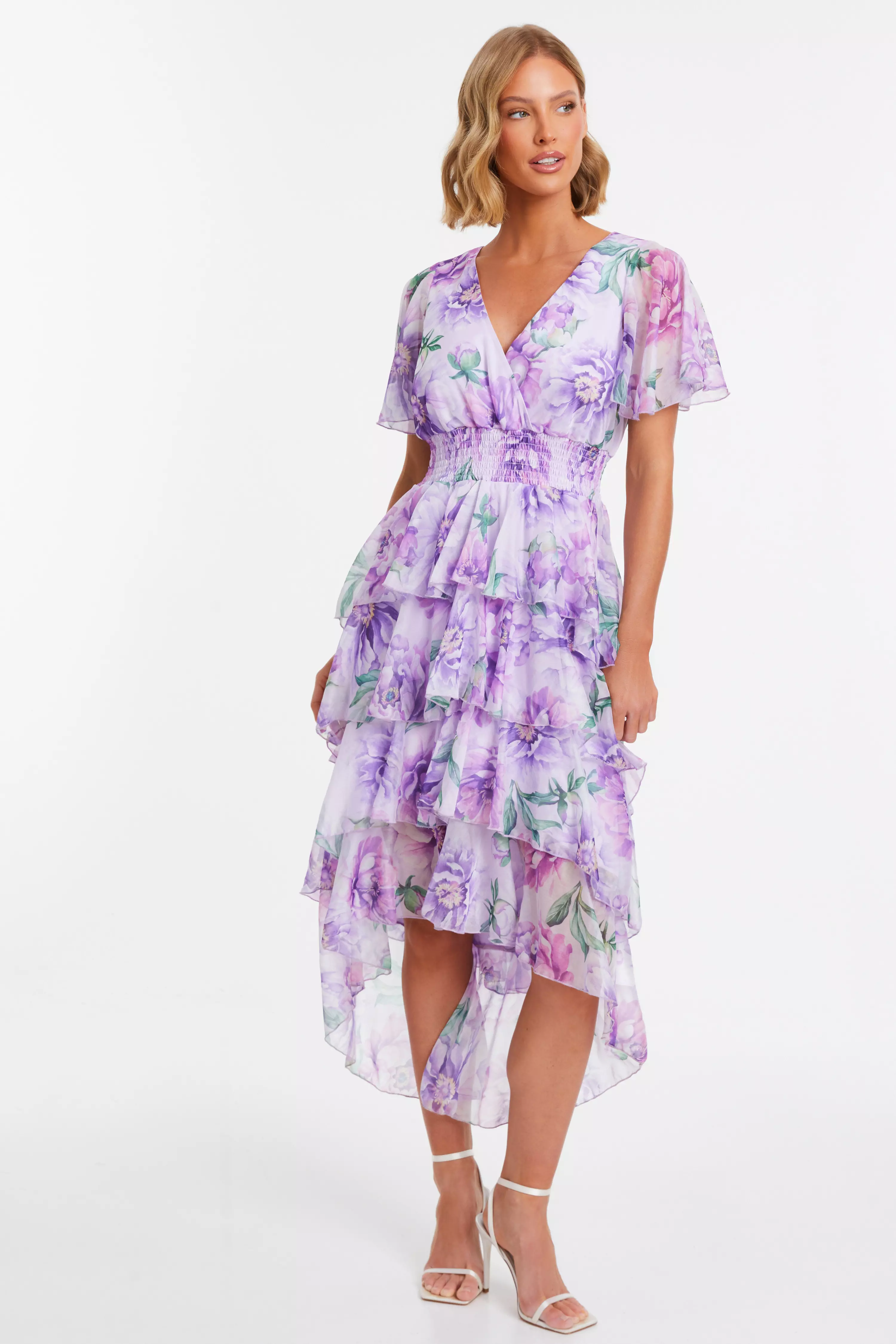 Lilac Floral Chiffon Frill Dip Hem Dress