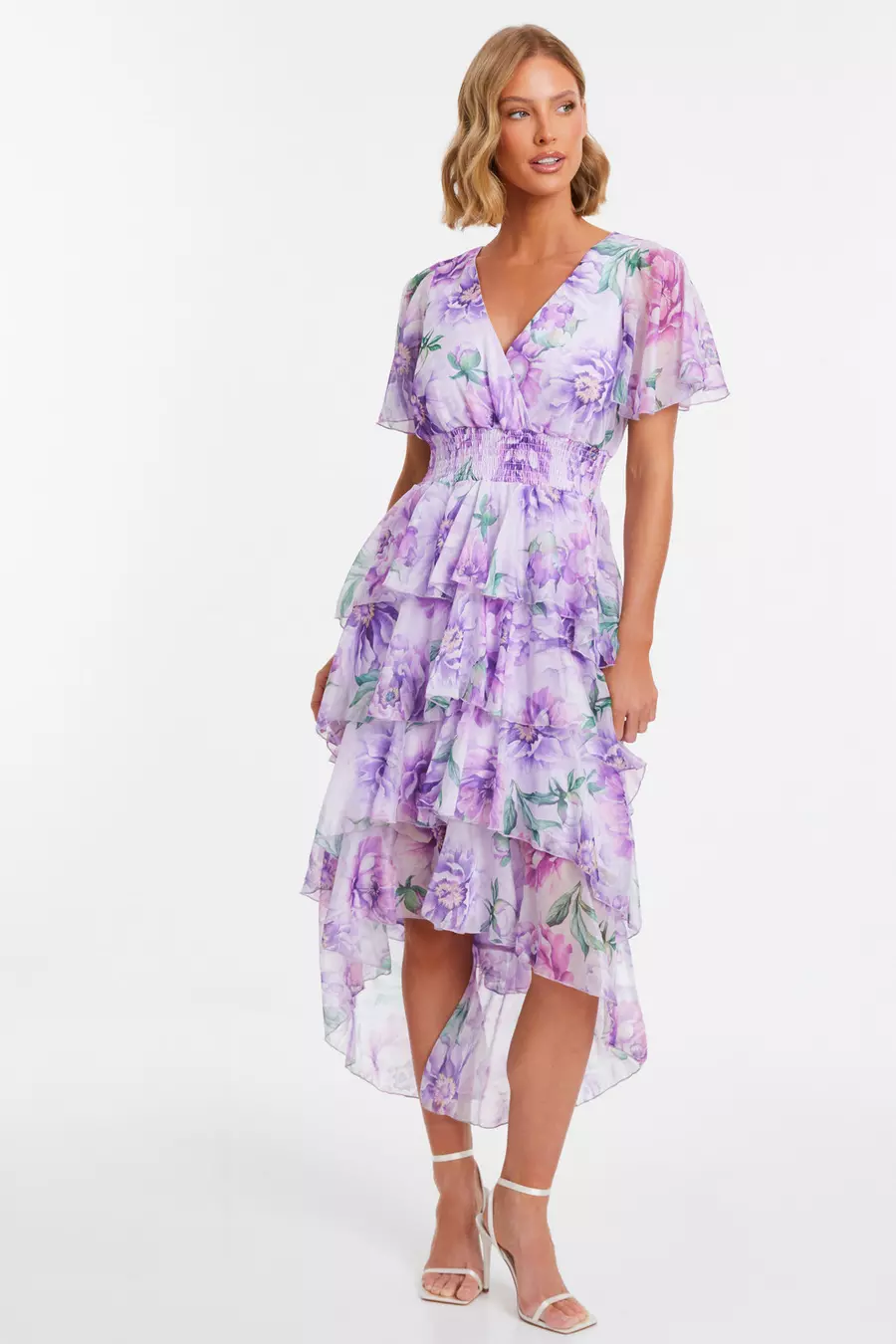 Lilac Floral Chiffon Frill Dip Hem Dress QUIZ Clothing