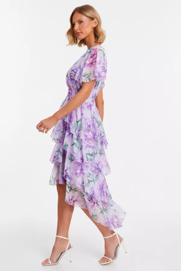 Lilac Floral Chiffon Frill Dip Hem Dress