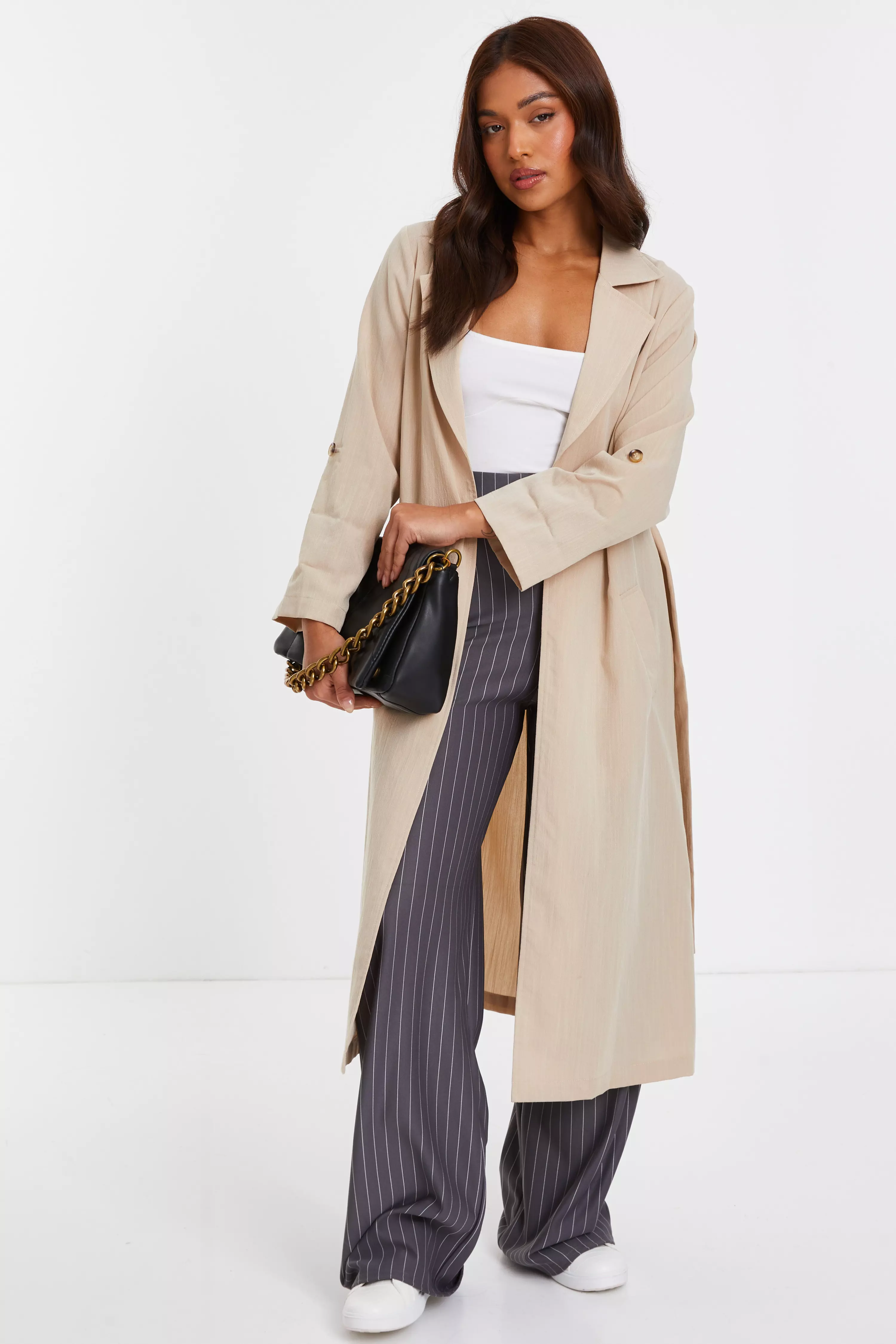 Petite Stone Linen Look Trench Jacket