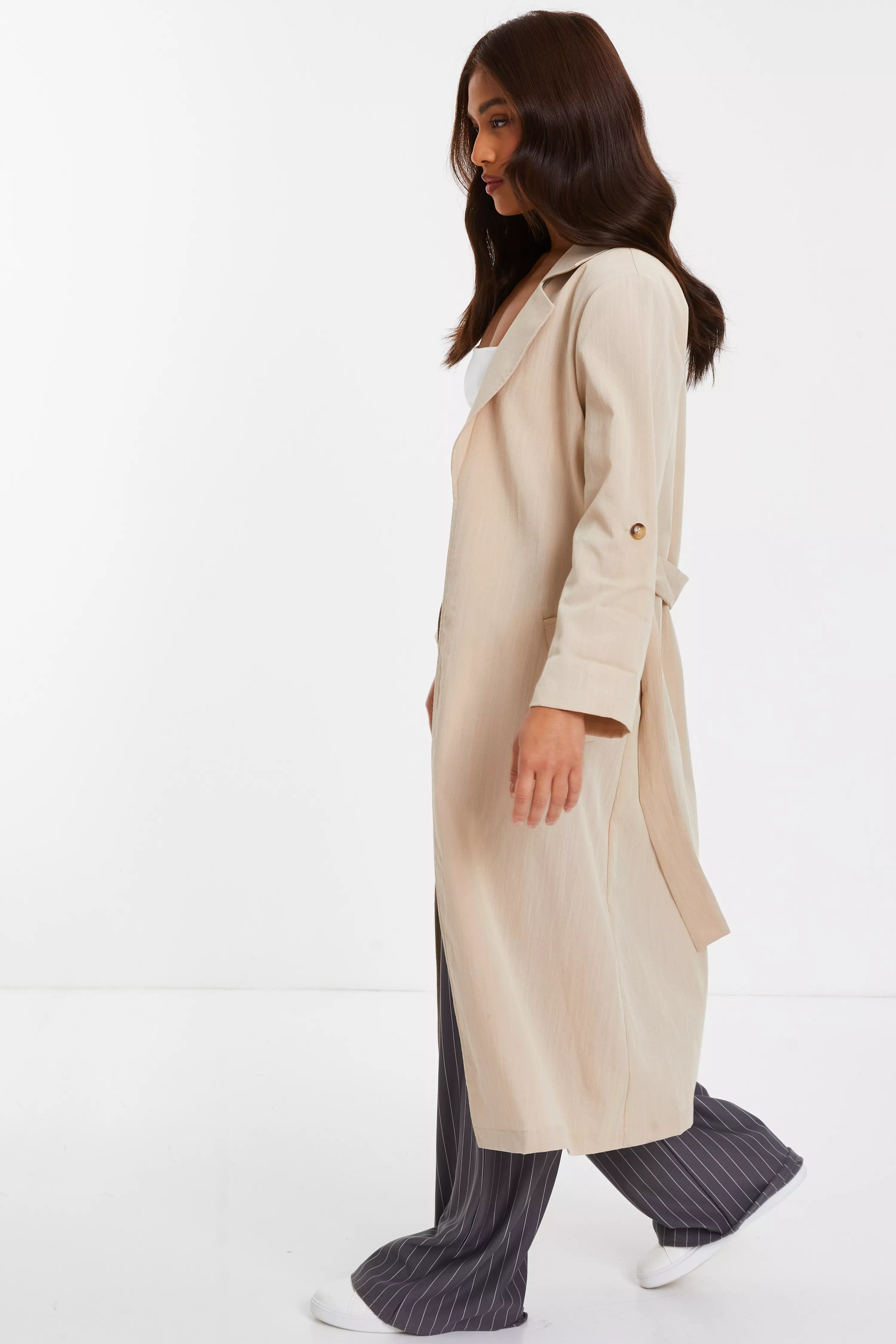 Petite Stone Linen Look Trench Jacket