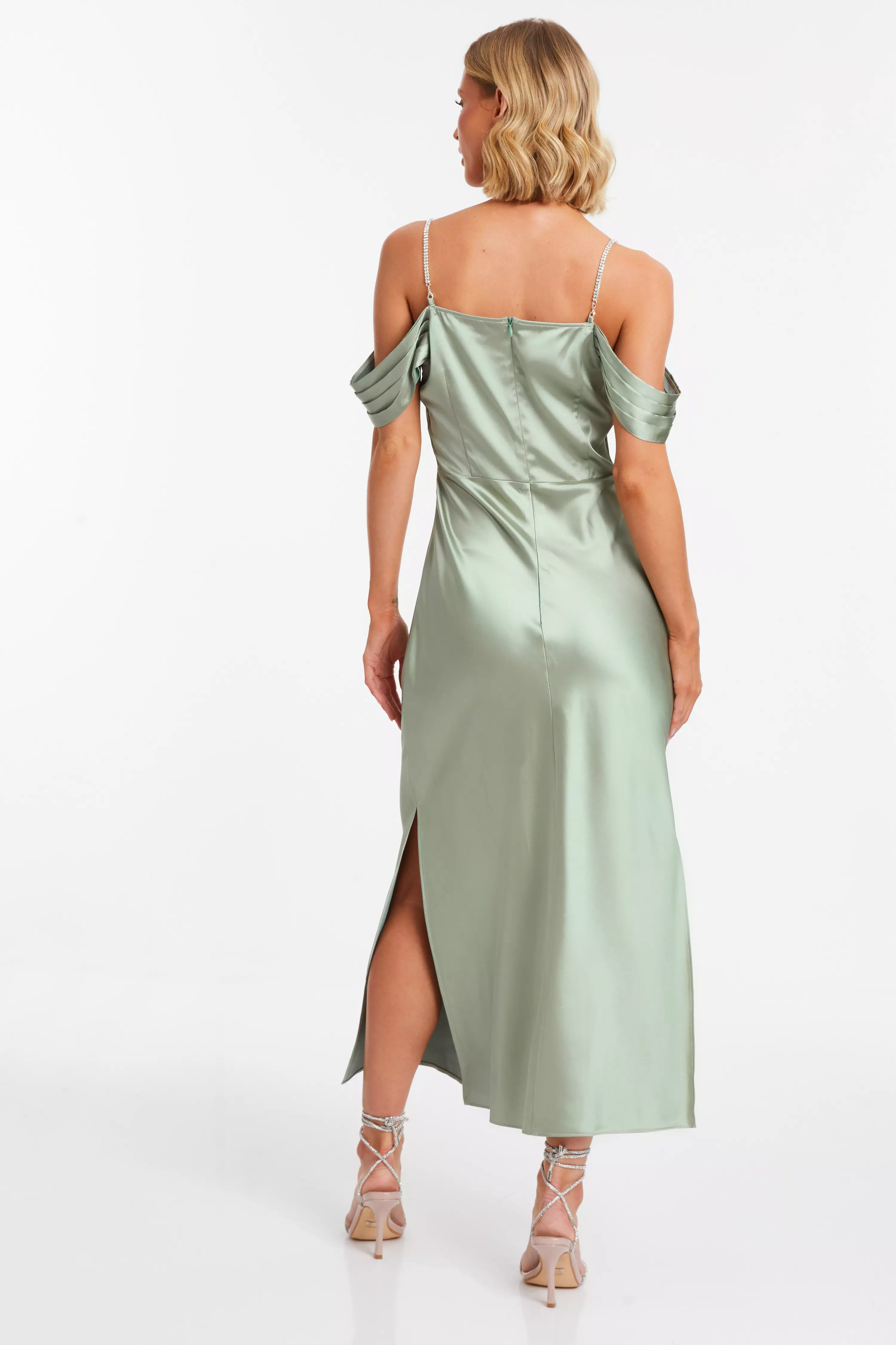 Sage Satin Drop Shoulder Midaxi Dress