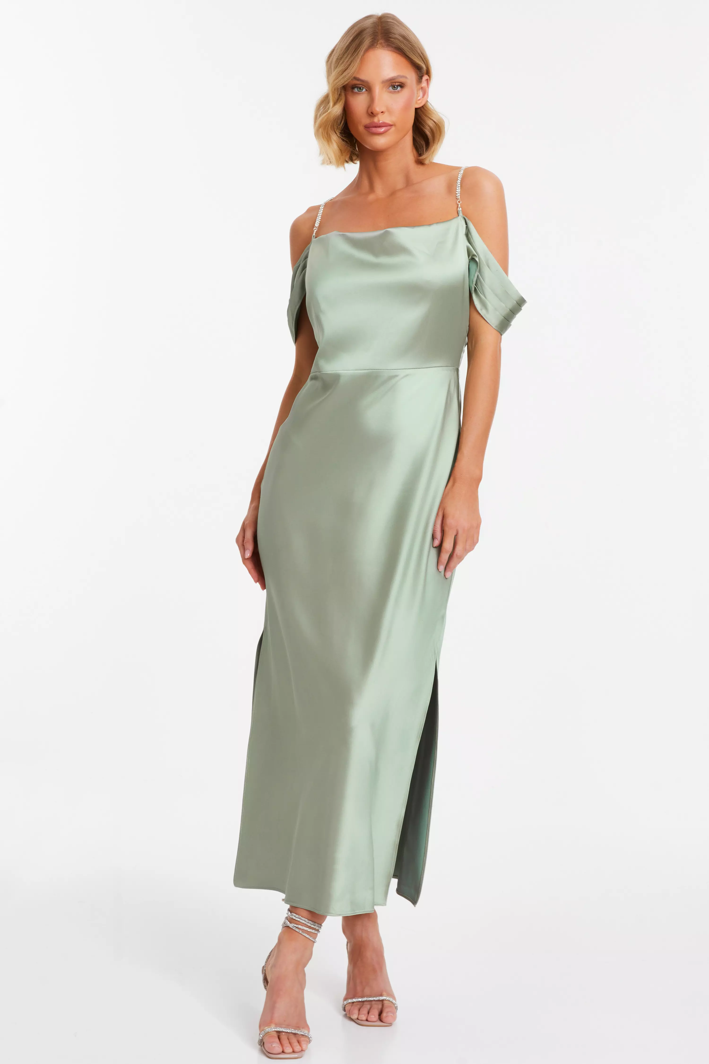 Sage Satin Drop Shoulder Midaxi Dress