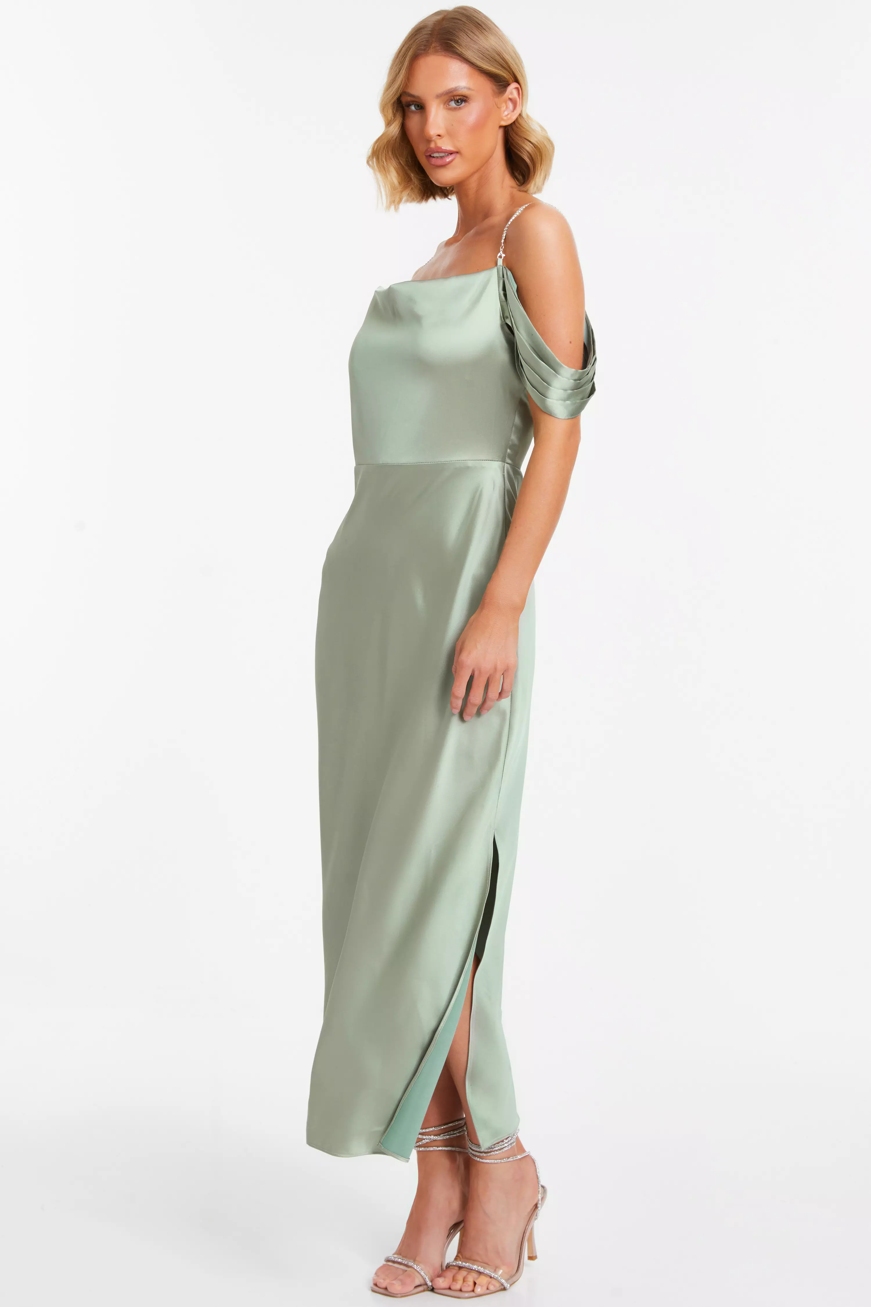 Sage Satin Drop Shoulder Midaxi Dress