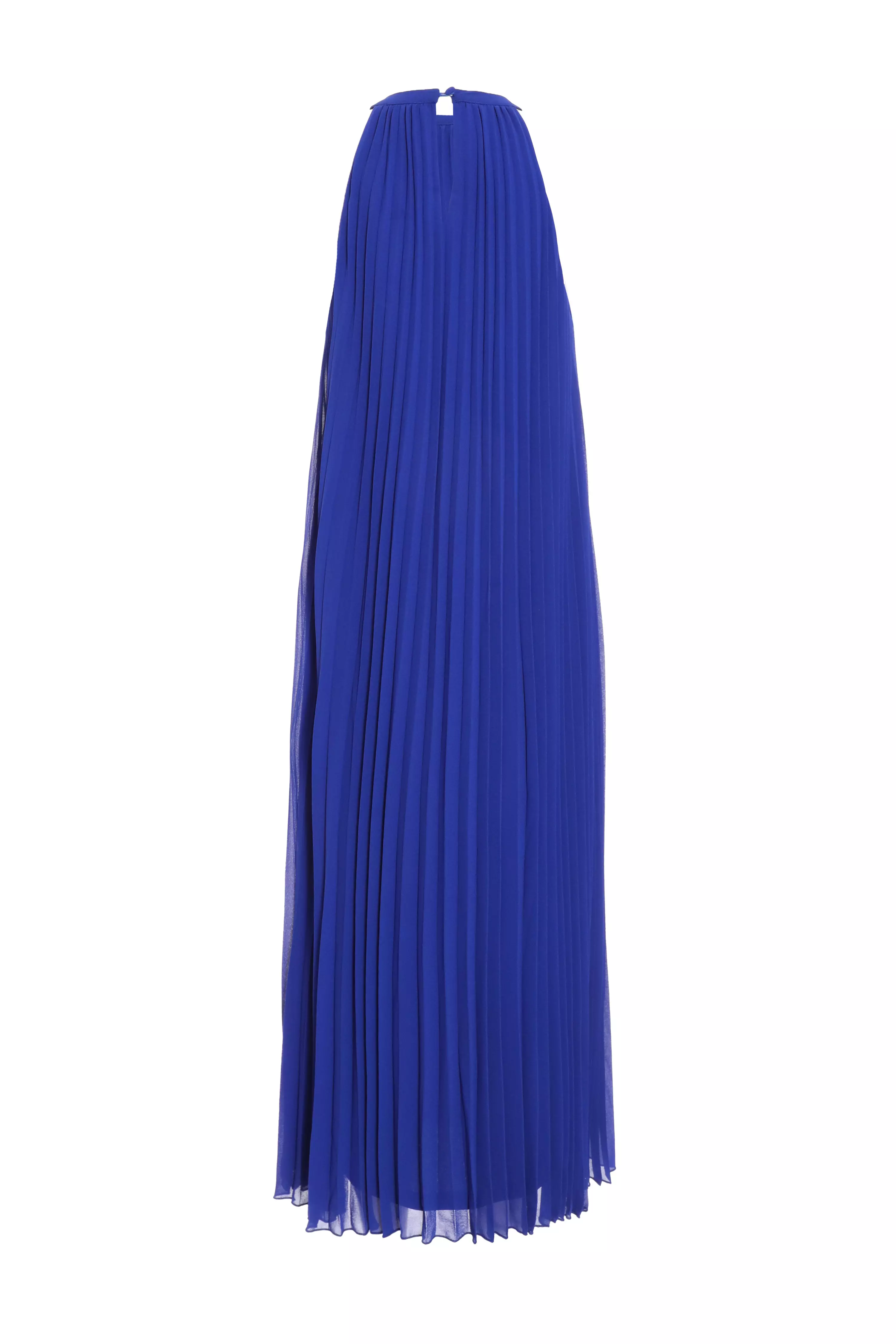 Blue Pleated Chiffon High Neck Midi Dress