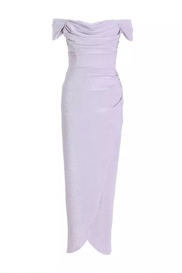 Lilac Glitter Bardot Ruched Maxi Dress