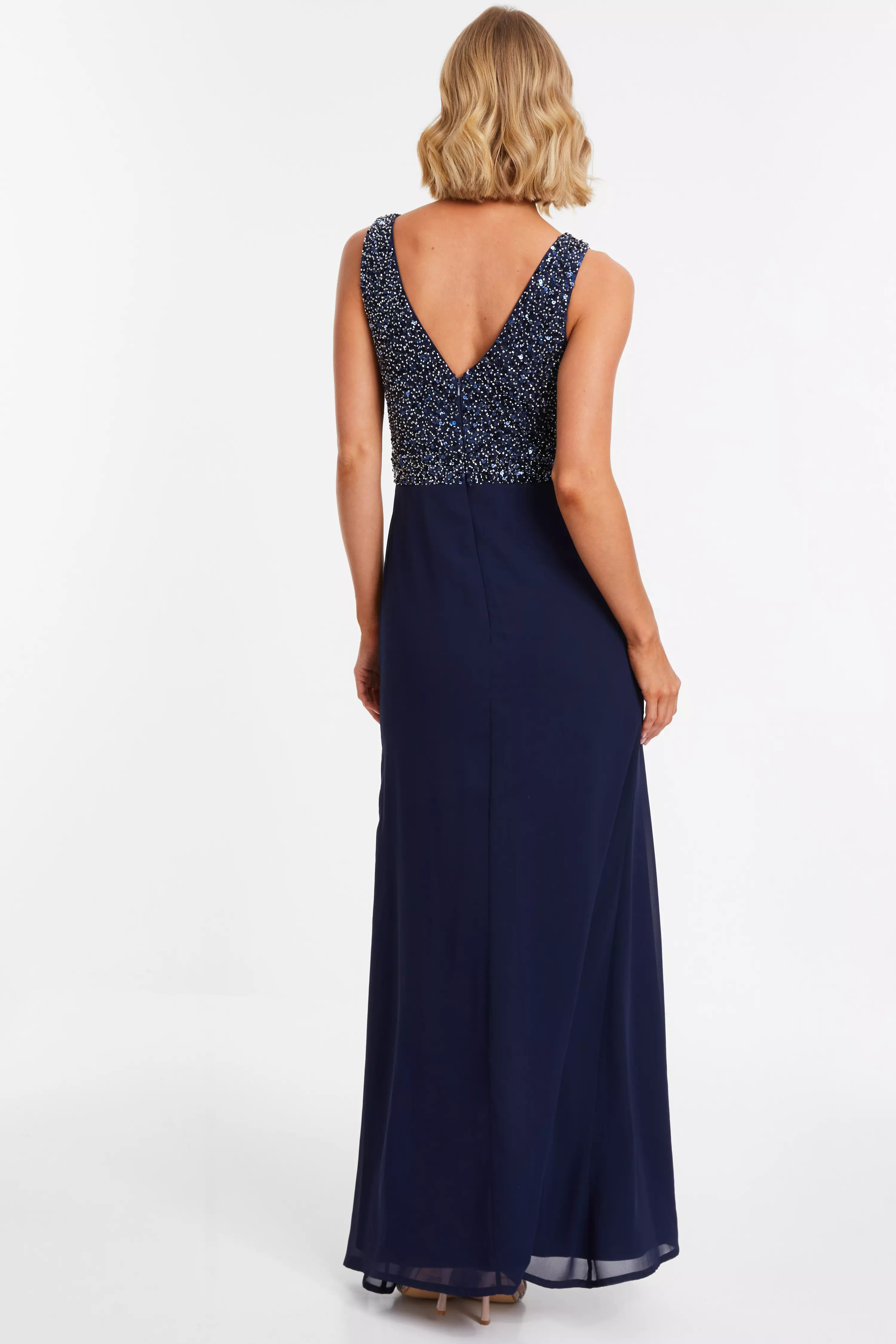 Navy Embellished Chiffon Maxi Dress