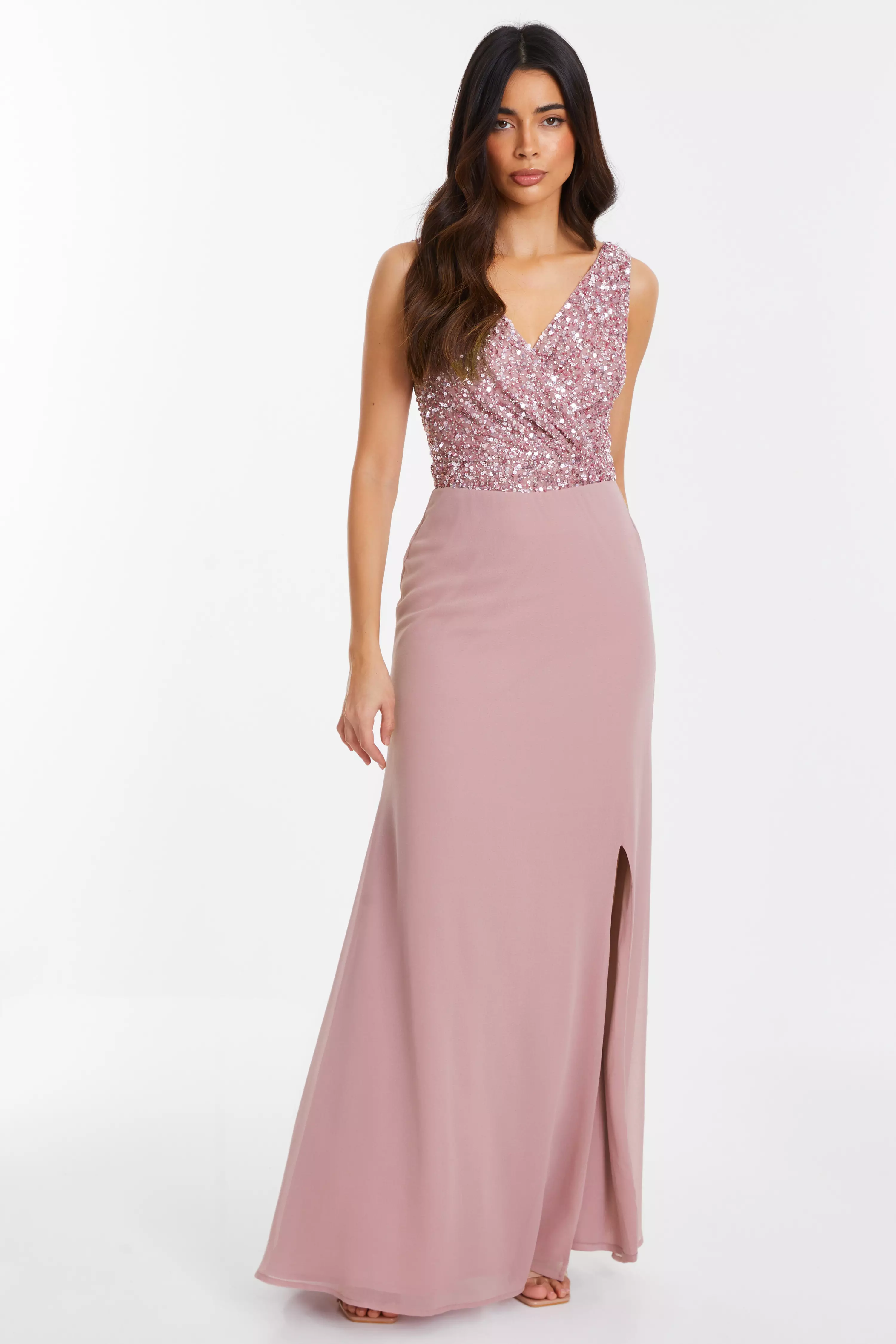 Mauve Embellished Chiffon Maxi Dress