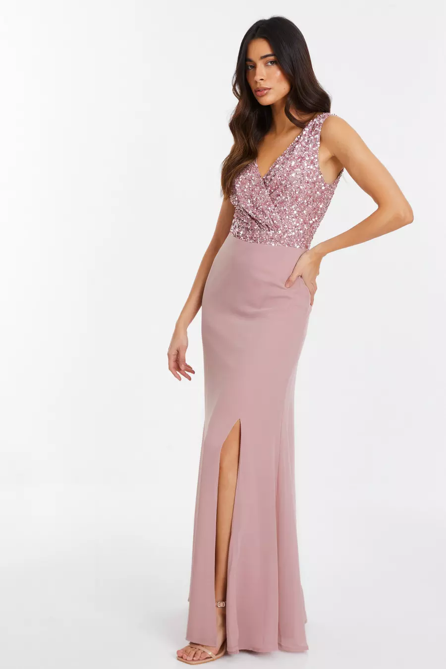 Mauve Embellished Chiffon Maxi Dress QUIZ Clothing