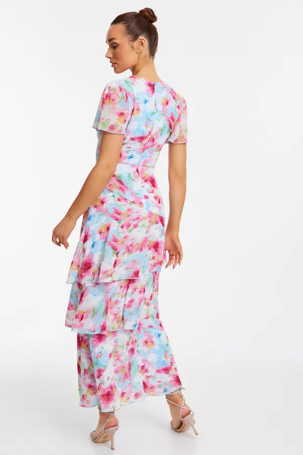 Multicolored Chiffon Floral Frill Maxi Dress
