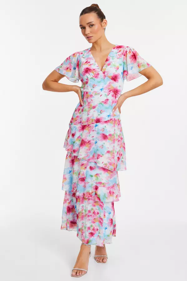 Multicolored Chiffon Floral Frill Maxi Dress