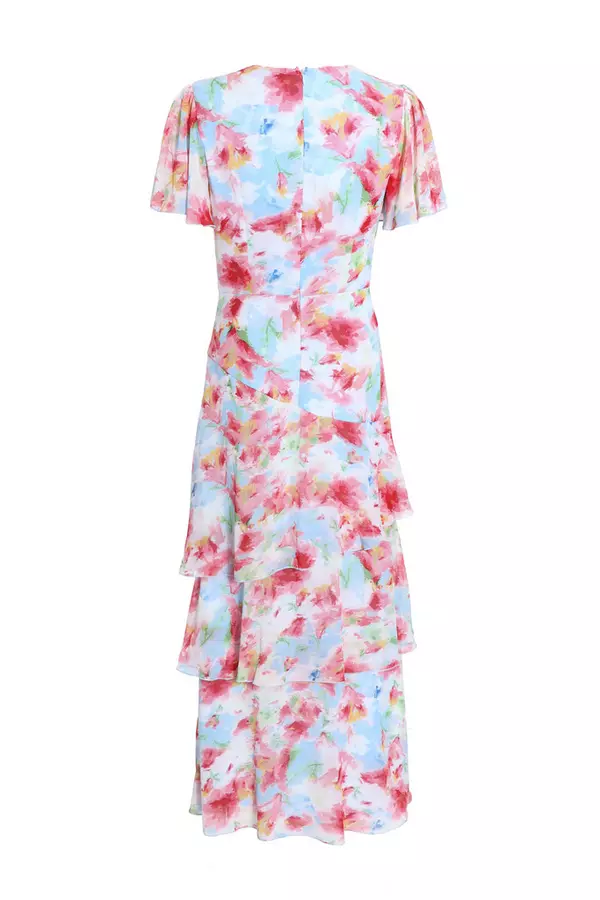 Multicoloured Chiffon Floral Frill Maxi Dress