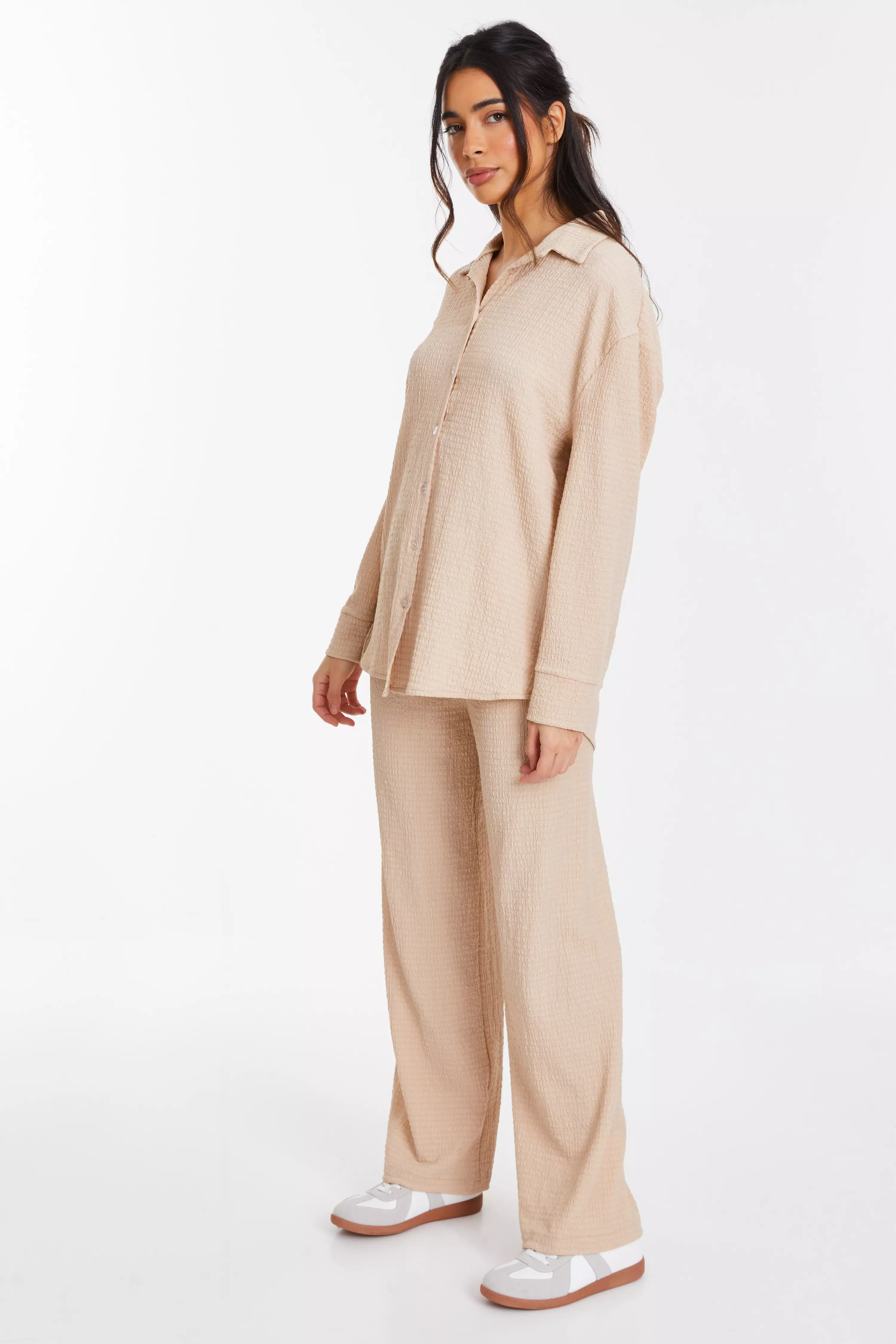 Stone High Waist Textured Palazzo Trousers