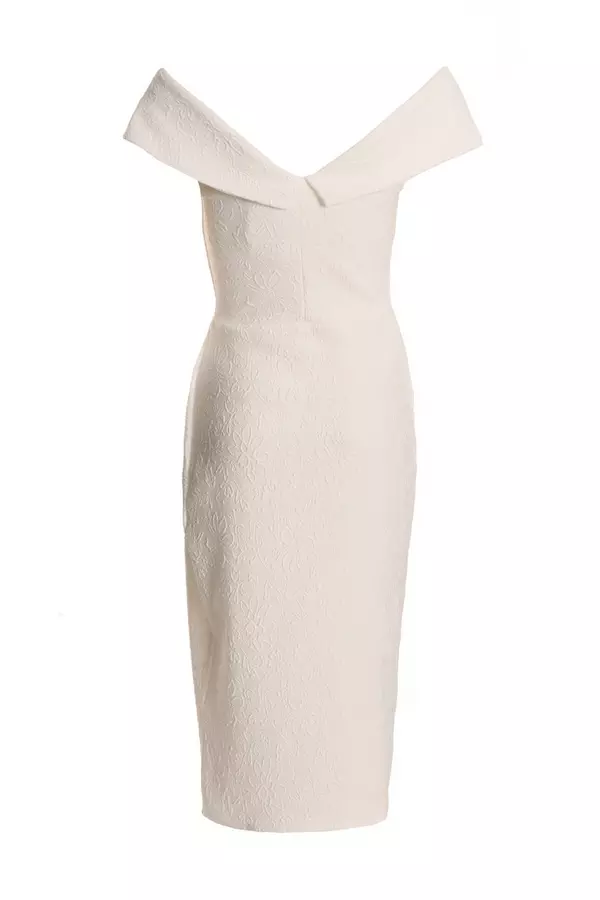 White Jacquard Bardot Ruched Dress