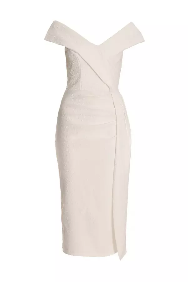 White Jacquard Bardot Ruched Dress