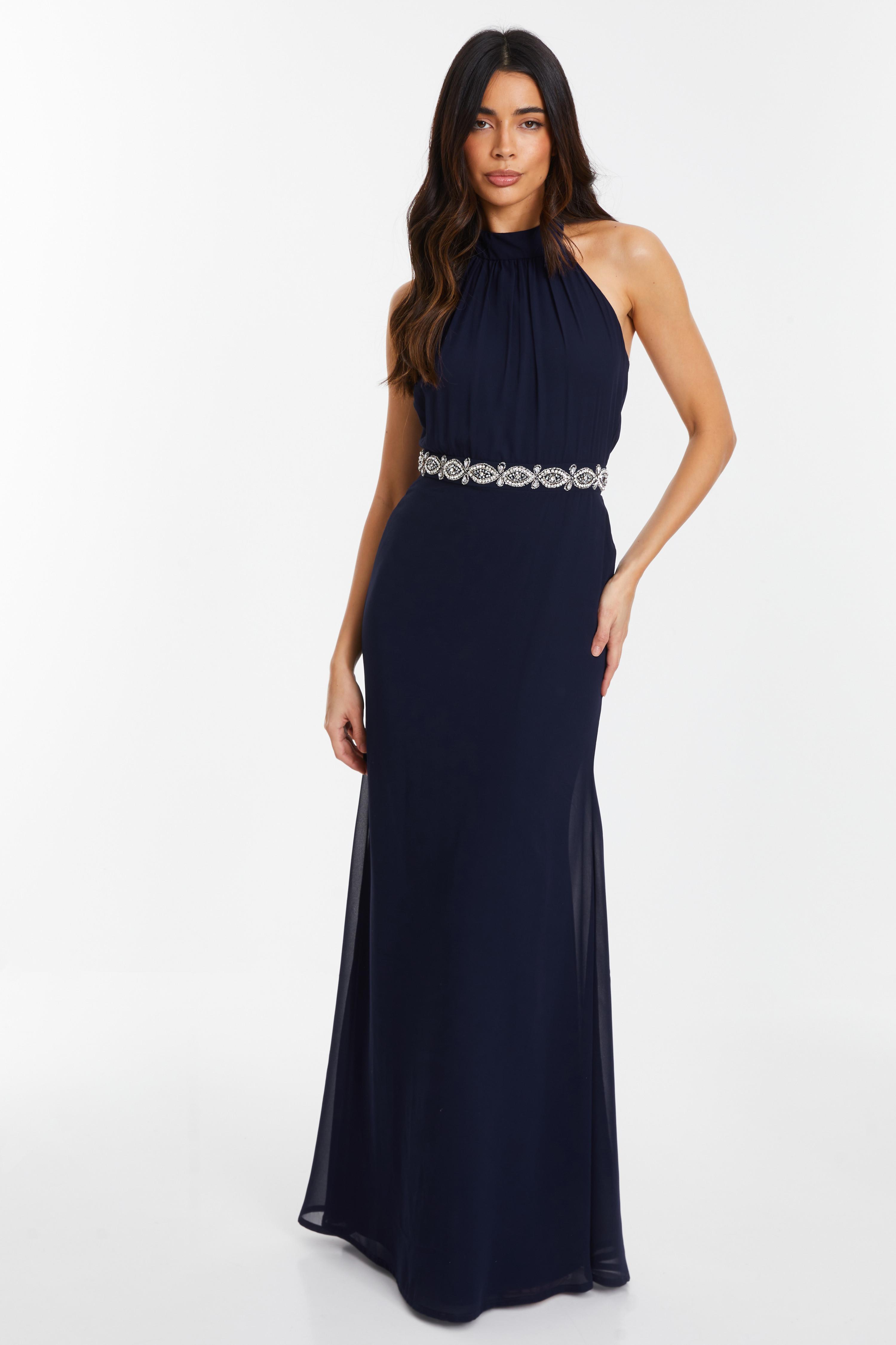 Navy High Neck Chiffon Maxi Dress