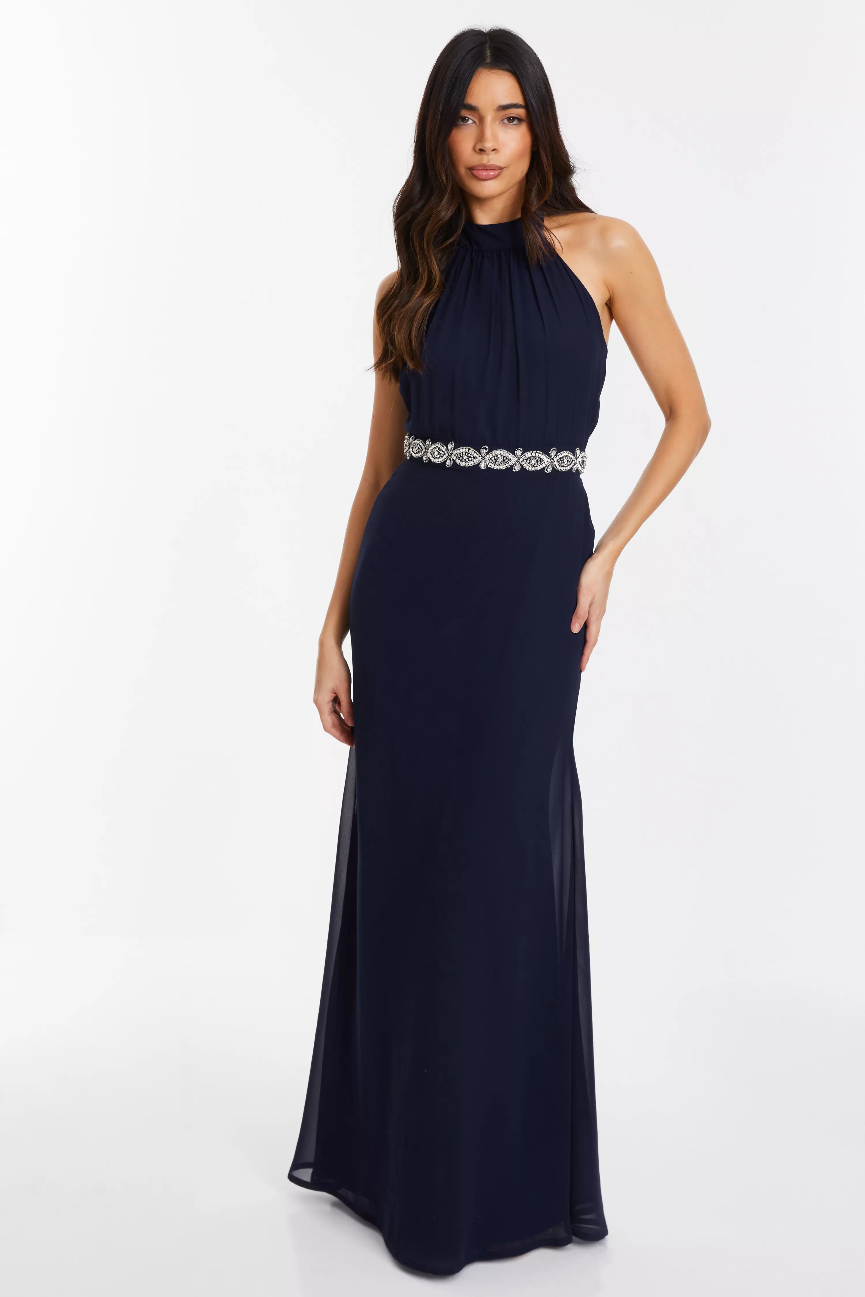 Quiz navy chiffon high neck cheap maxi dress