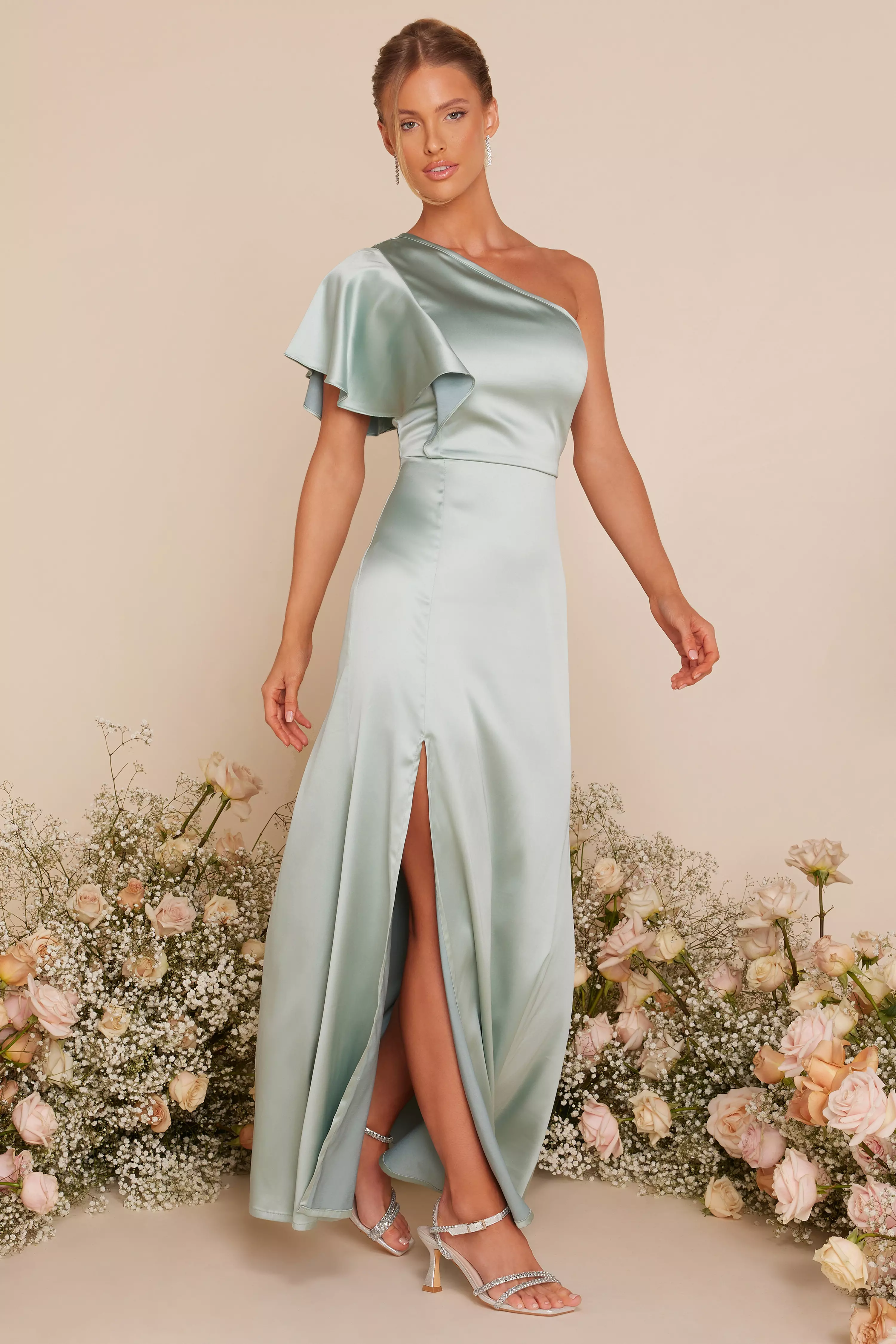 Sage Satin One Shoulder Maxi Dress