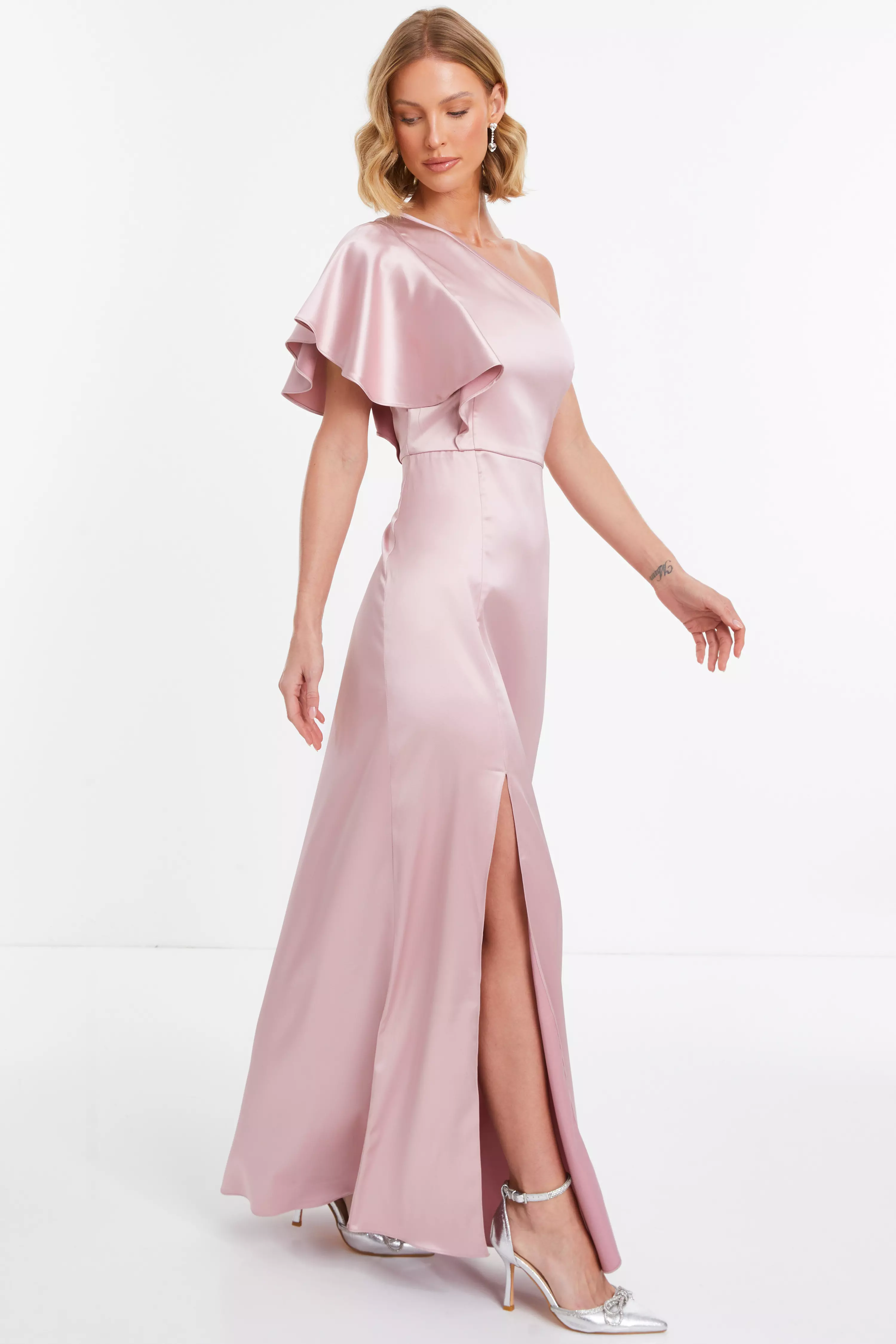 Pink Satin One Shoulder Maxi Dress