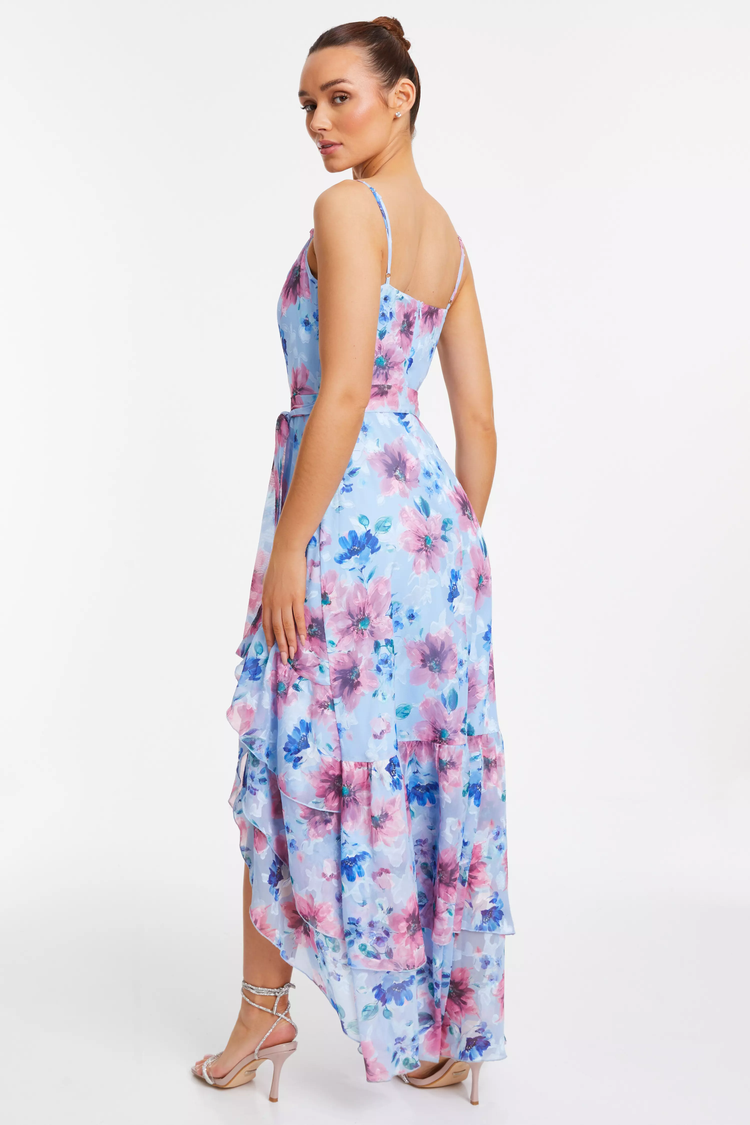 Blue Chiffon Floral Ruffle Maxi Dress