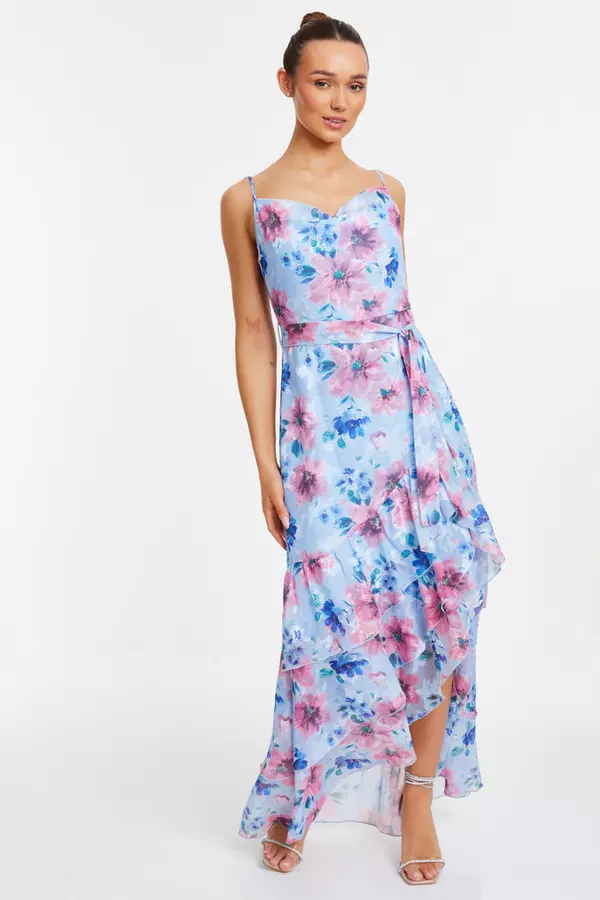 Blue Chiffon Floral Ruffle Maxi Dress