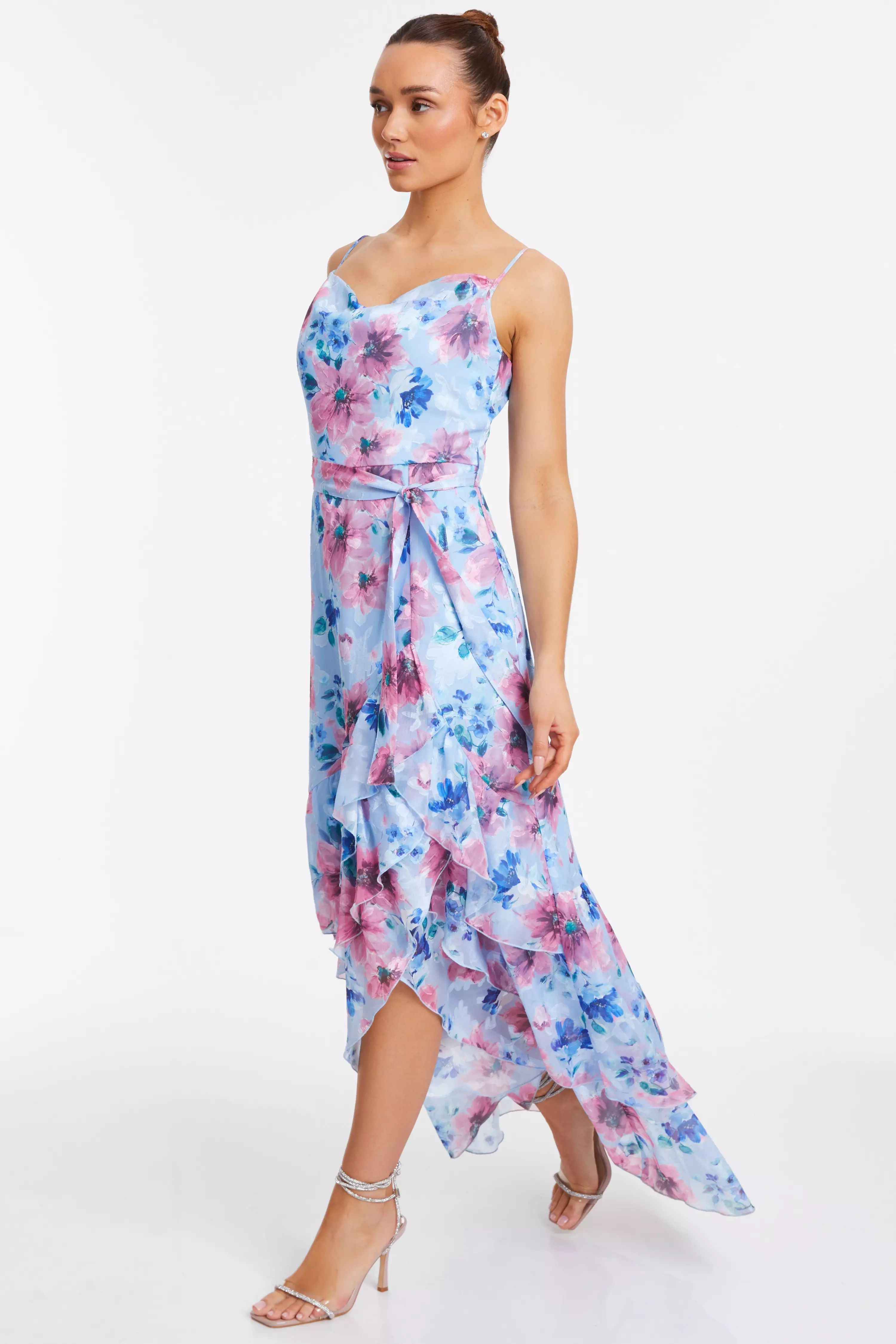 Blue Chiffon Floral Ruffle Maxi Dress