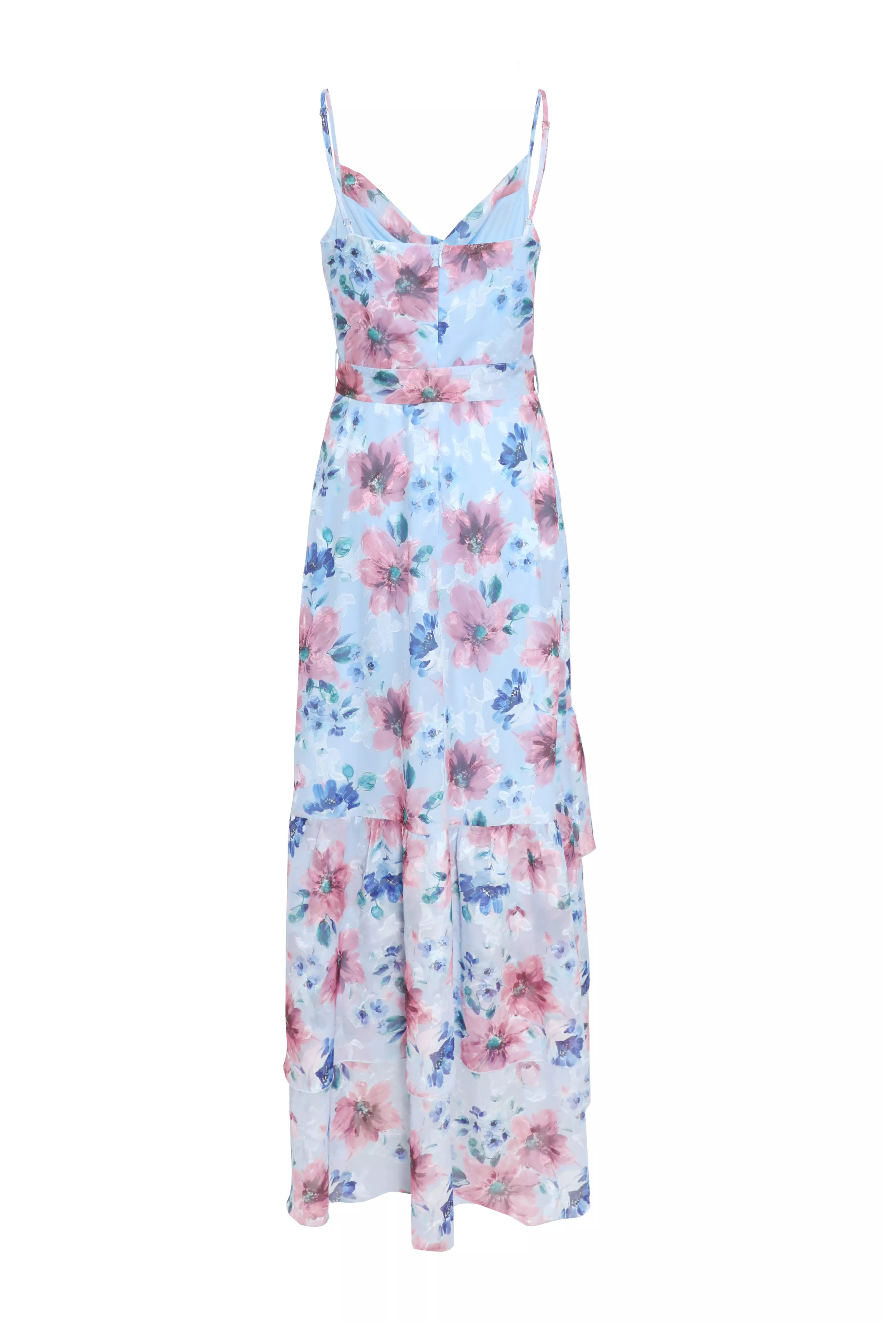 Blue Chiffon Floral Ruffle Maxi Dress