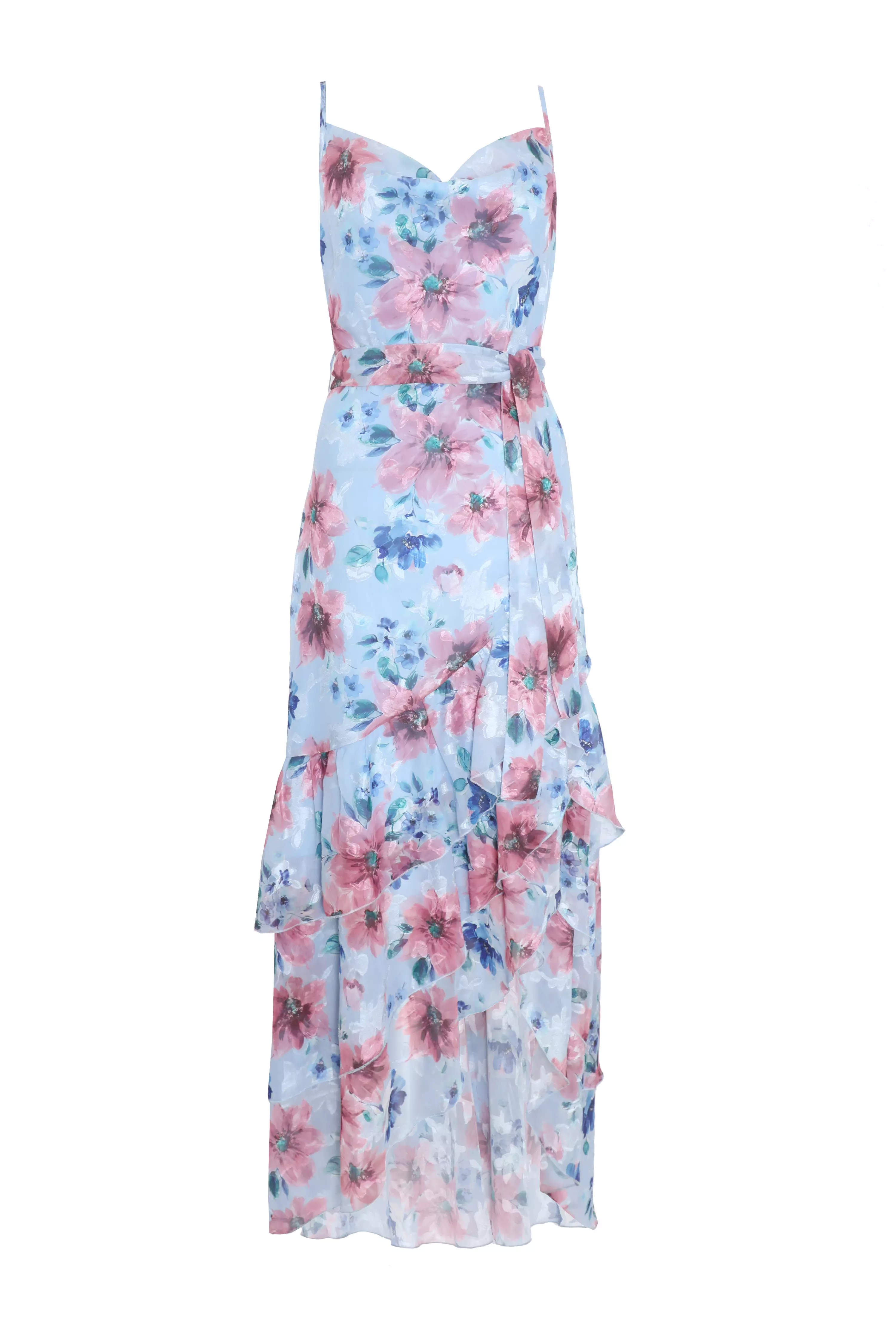 Blue Chiffon Floral Ruffle Maxi Dress