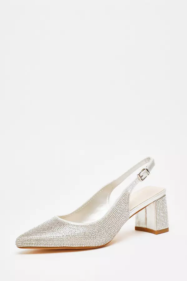 Silver Diamante Slingback Block Heel