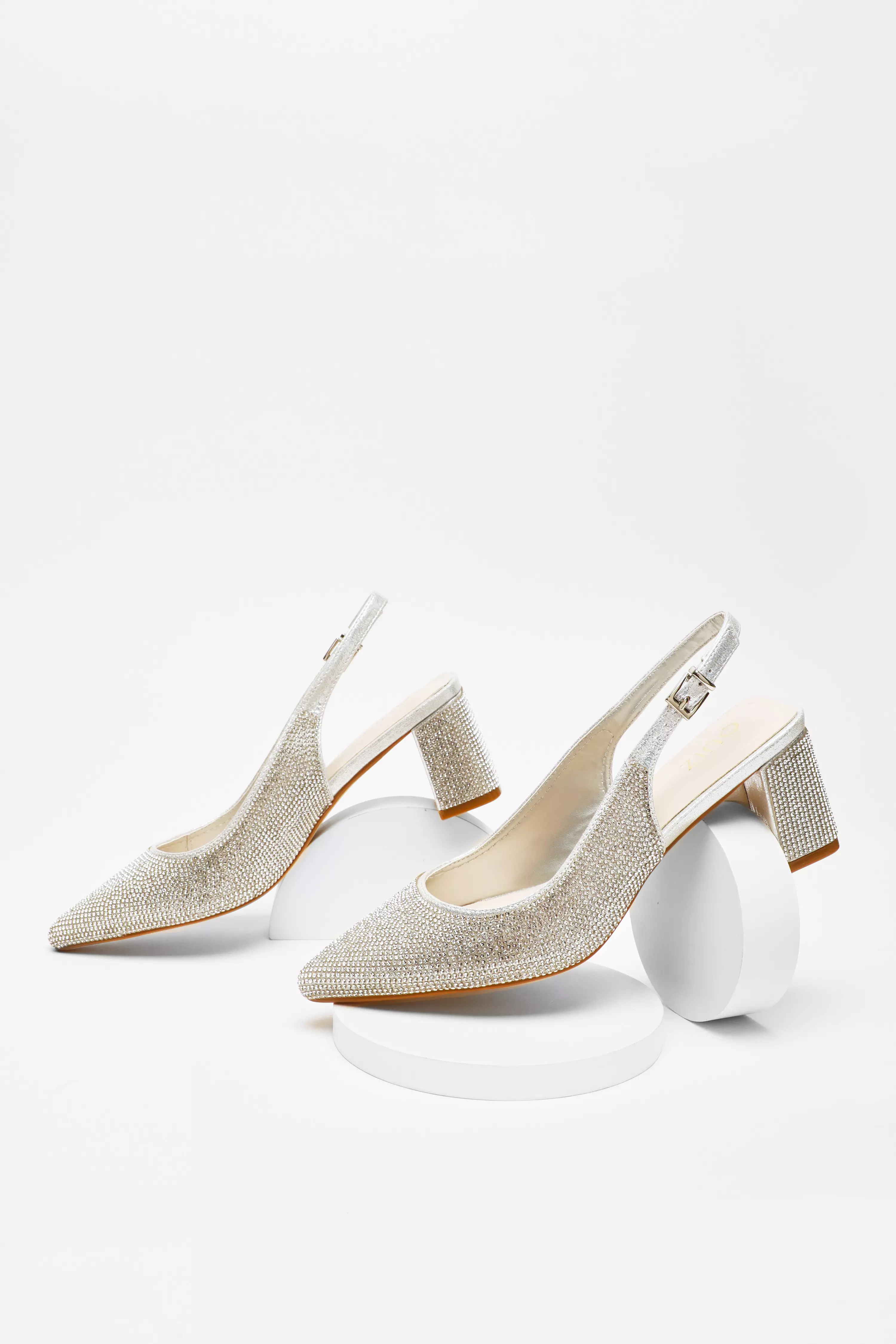 Silver Diamante Slingback Block Heel