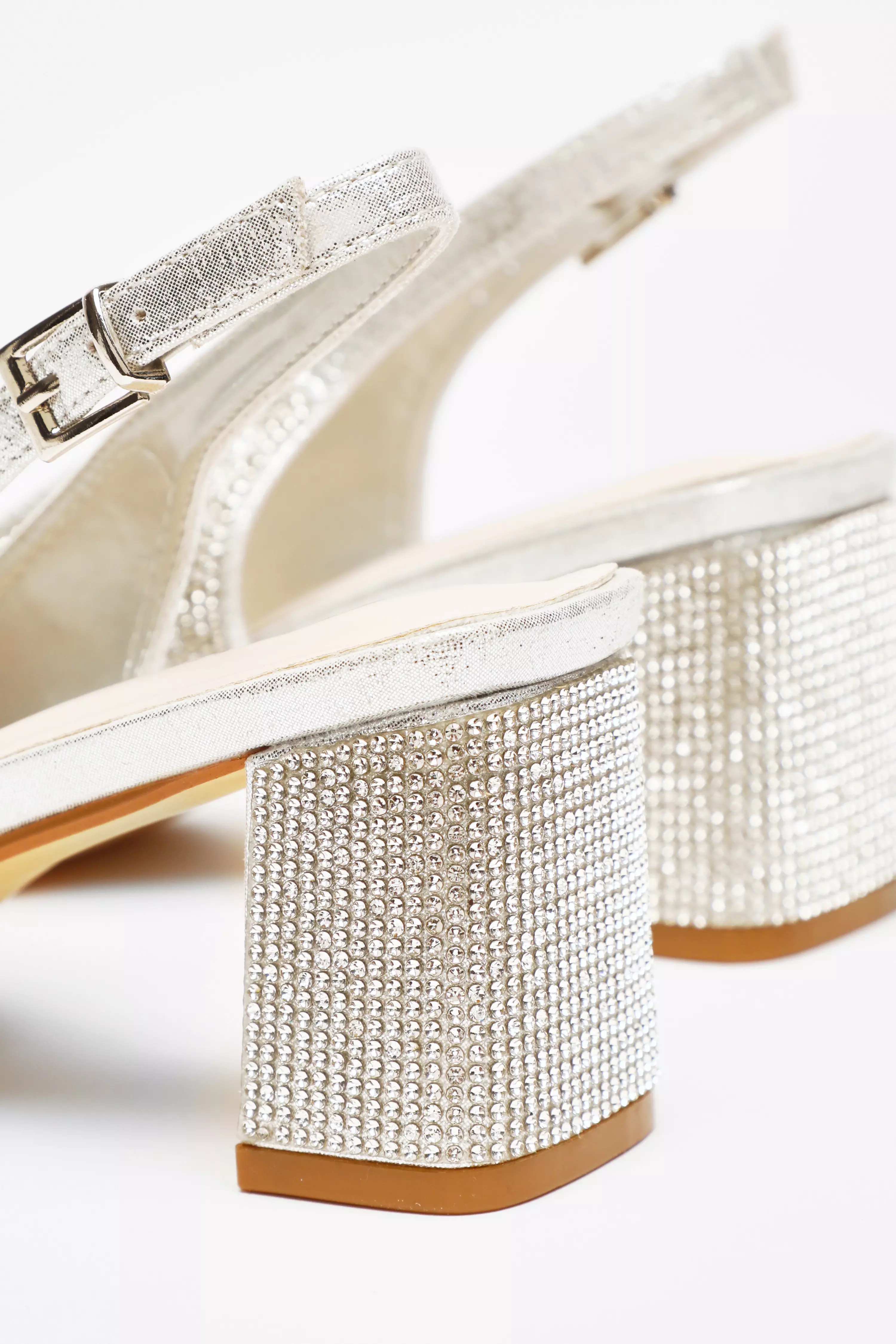 Silver Diamante Slingback Block Heel