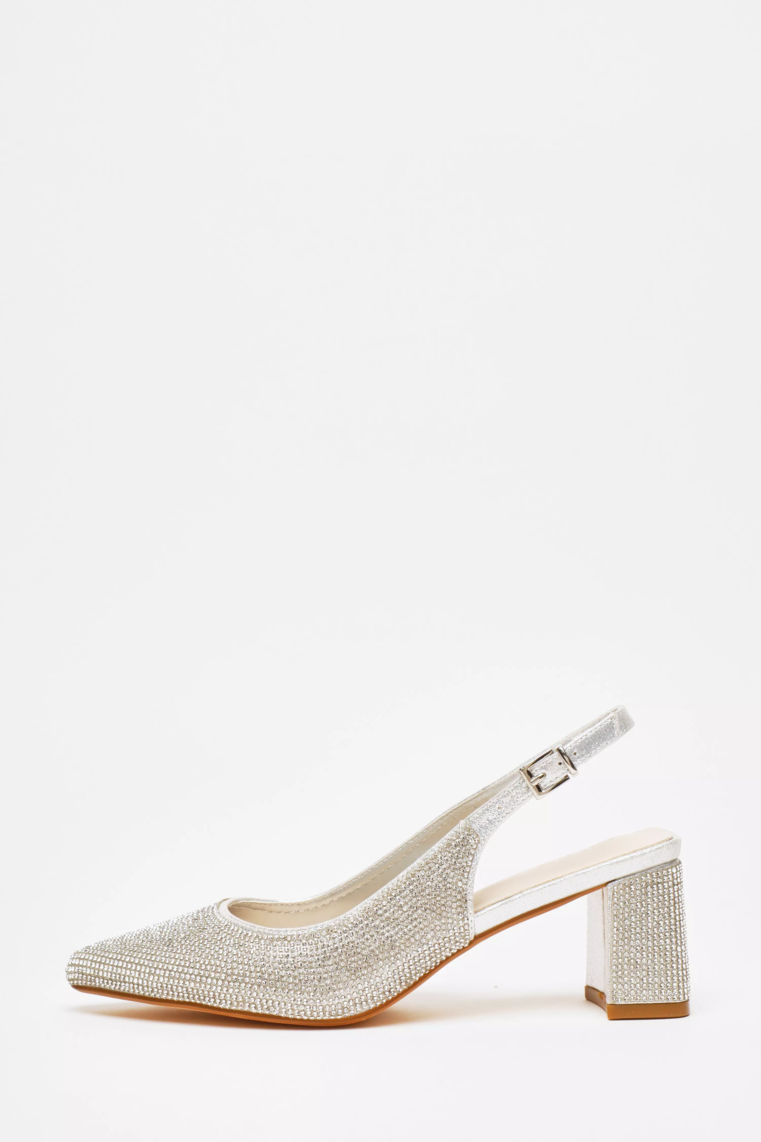 Silver Diamante Slingback Block Heel