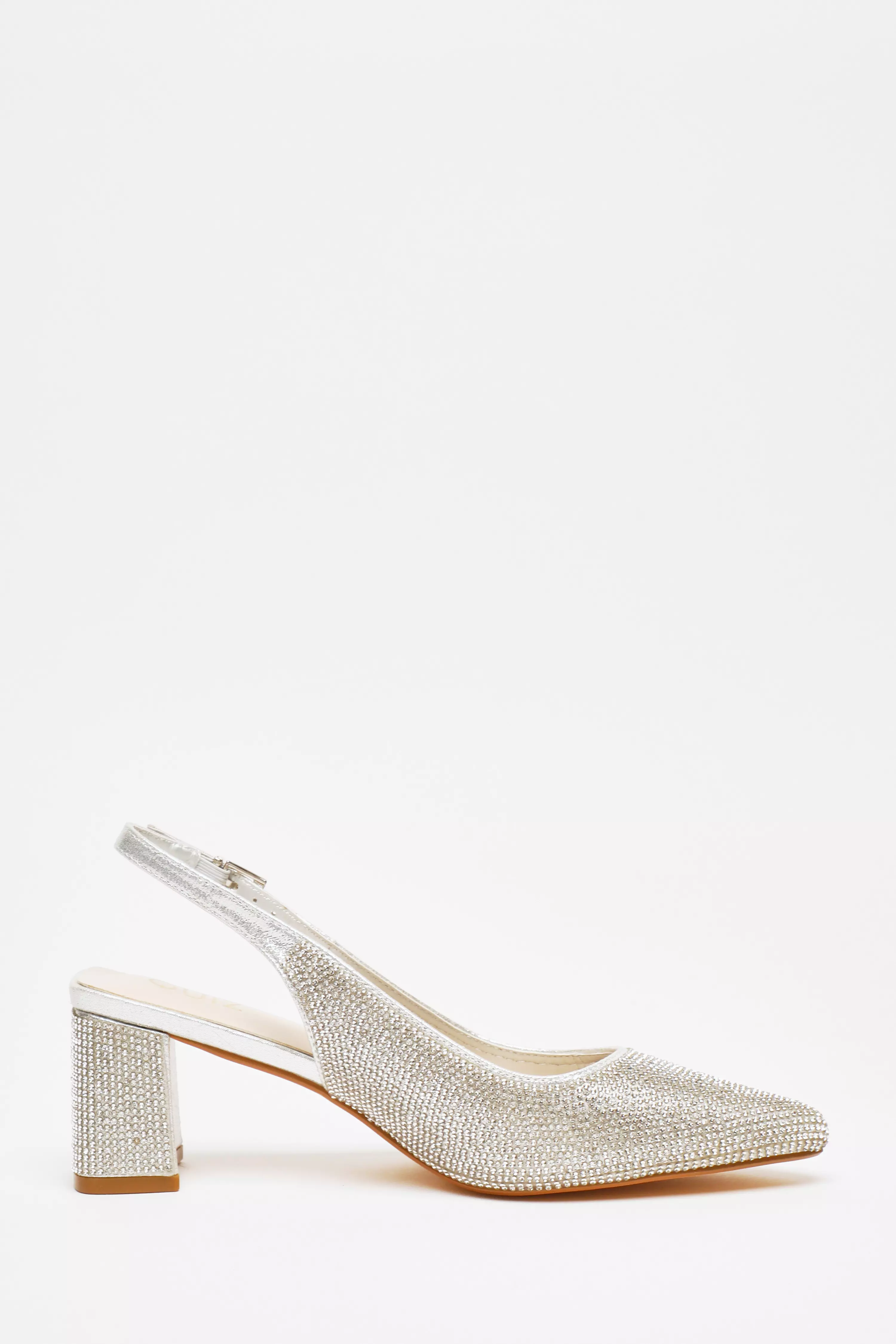 Silver Diamante Slingback Block Heel