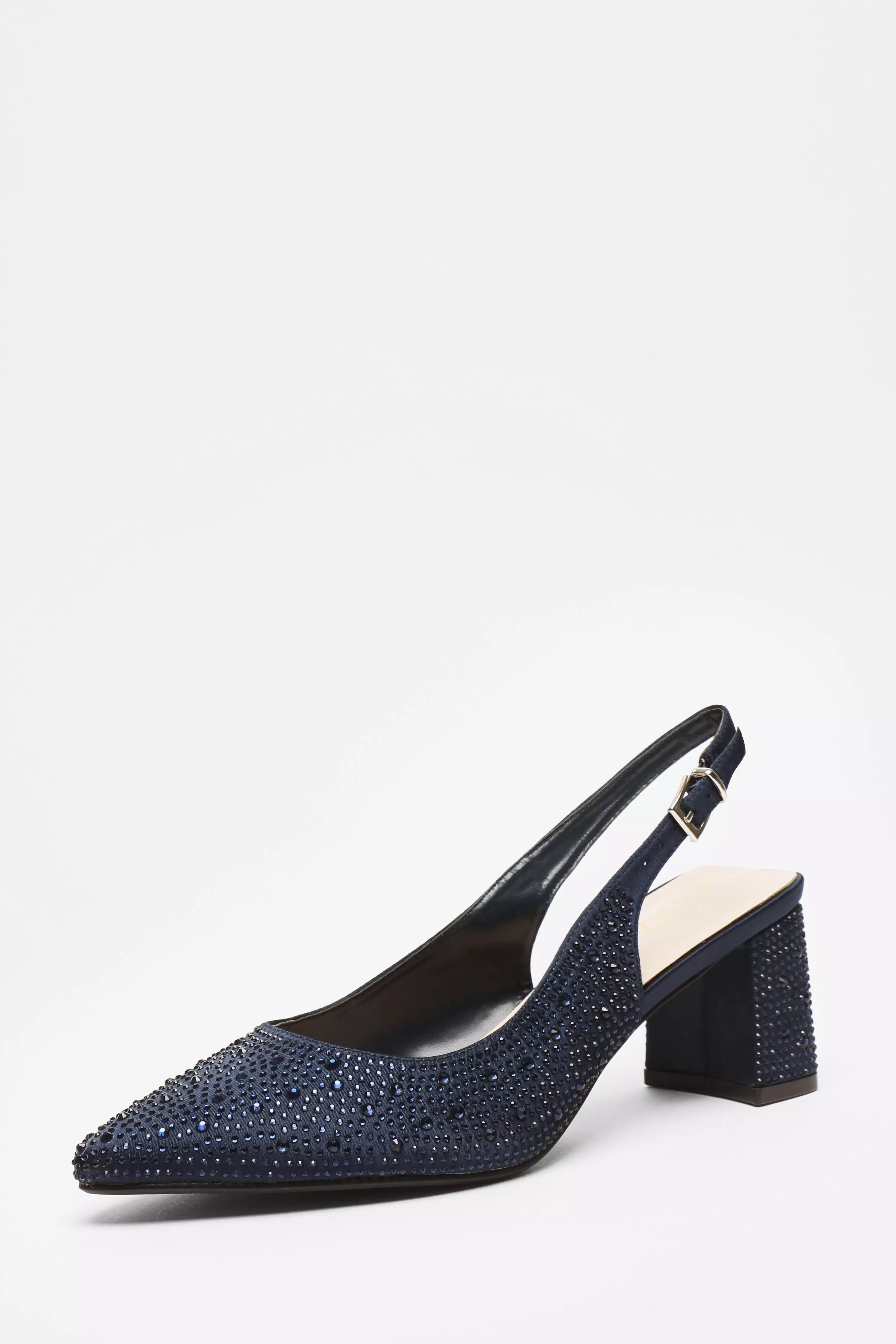 Navy Diamante Slingback Block Heel