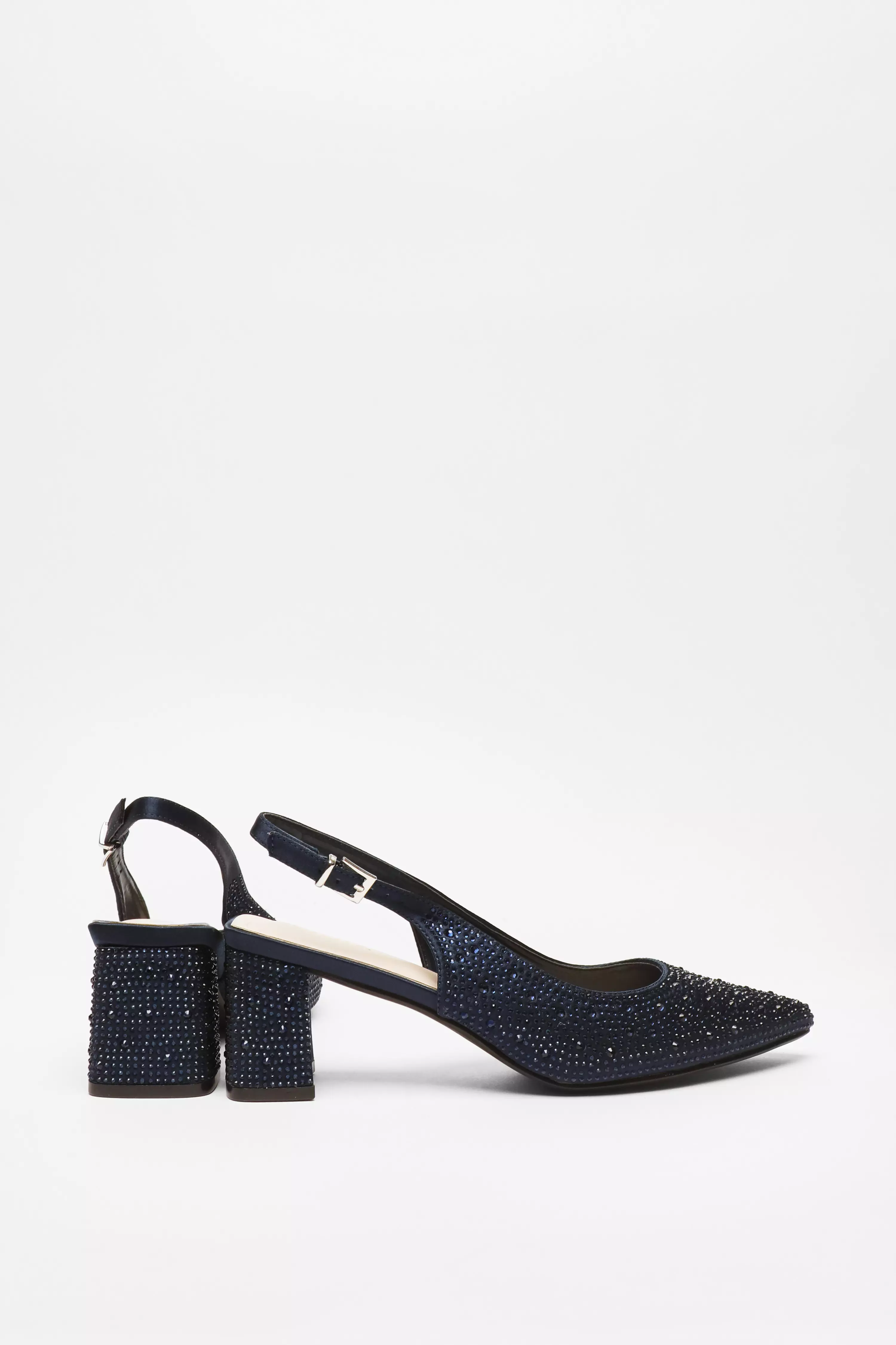 Navy Diamante Slingback Block Heel