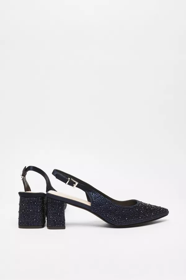 Navy Diamante Slingback Block Heel