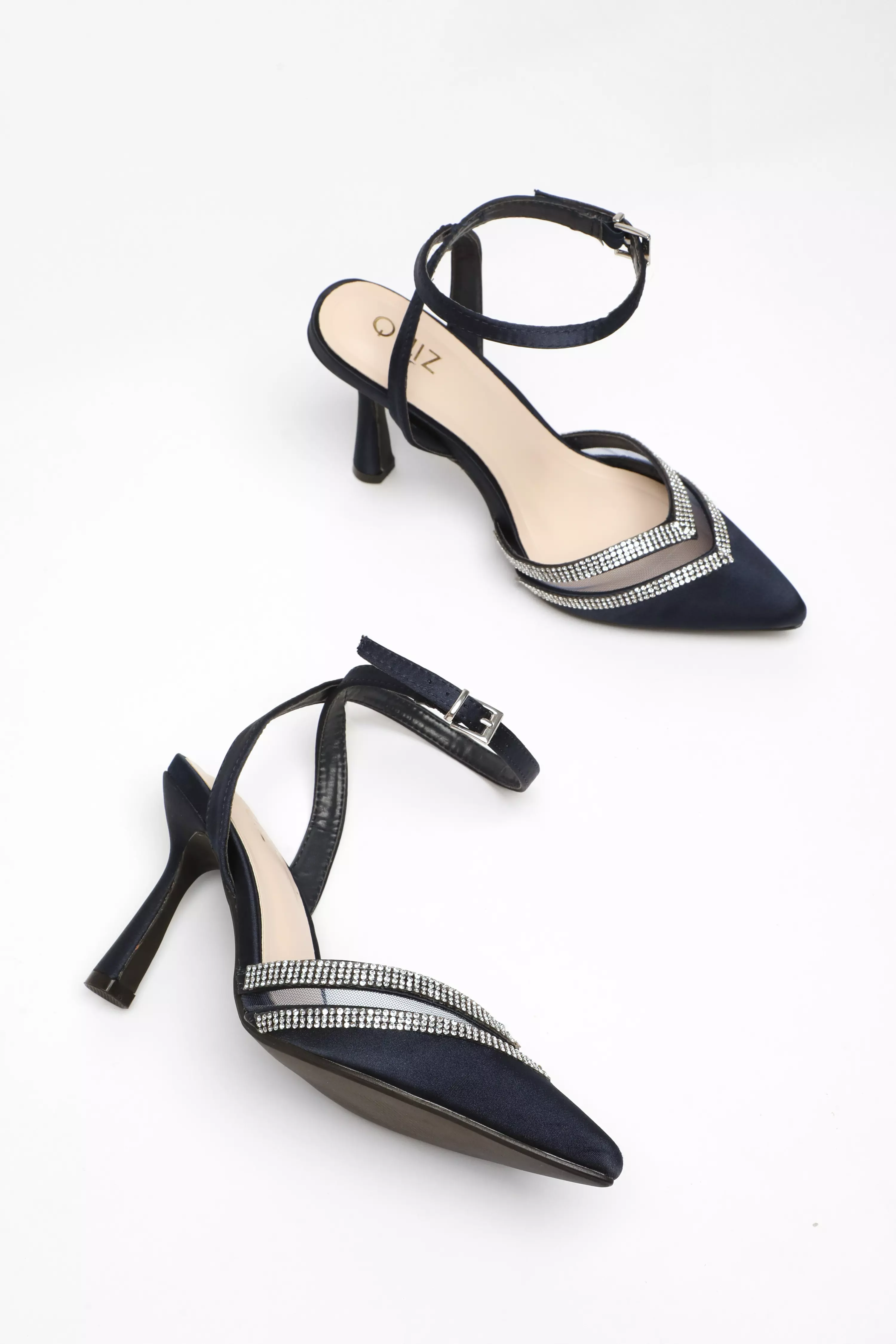 Navy Diamante Mesh Court Heels