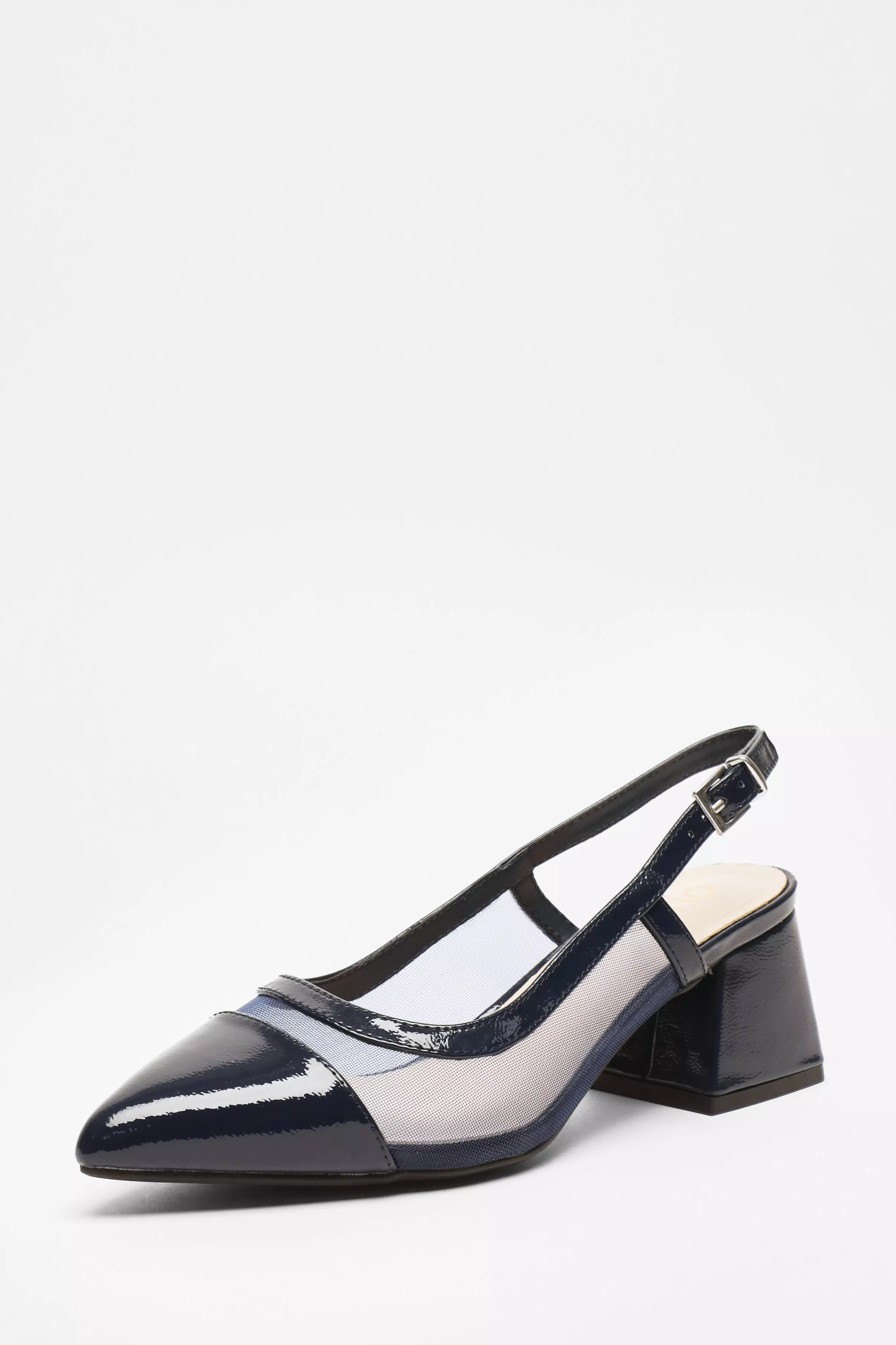 Navy Faux Leather Mesh Low Block Heels