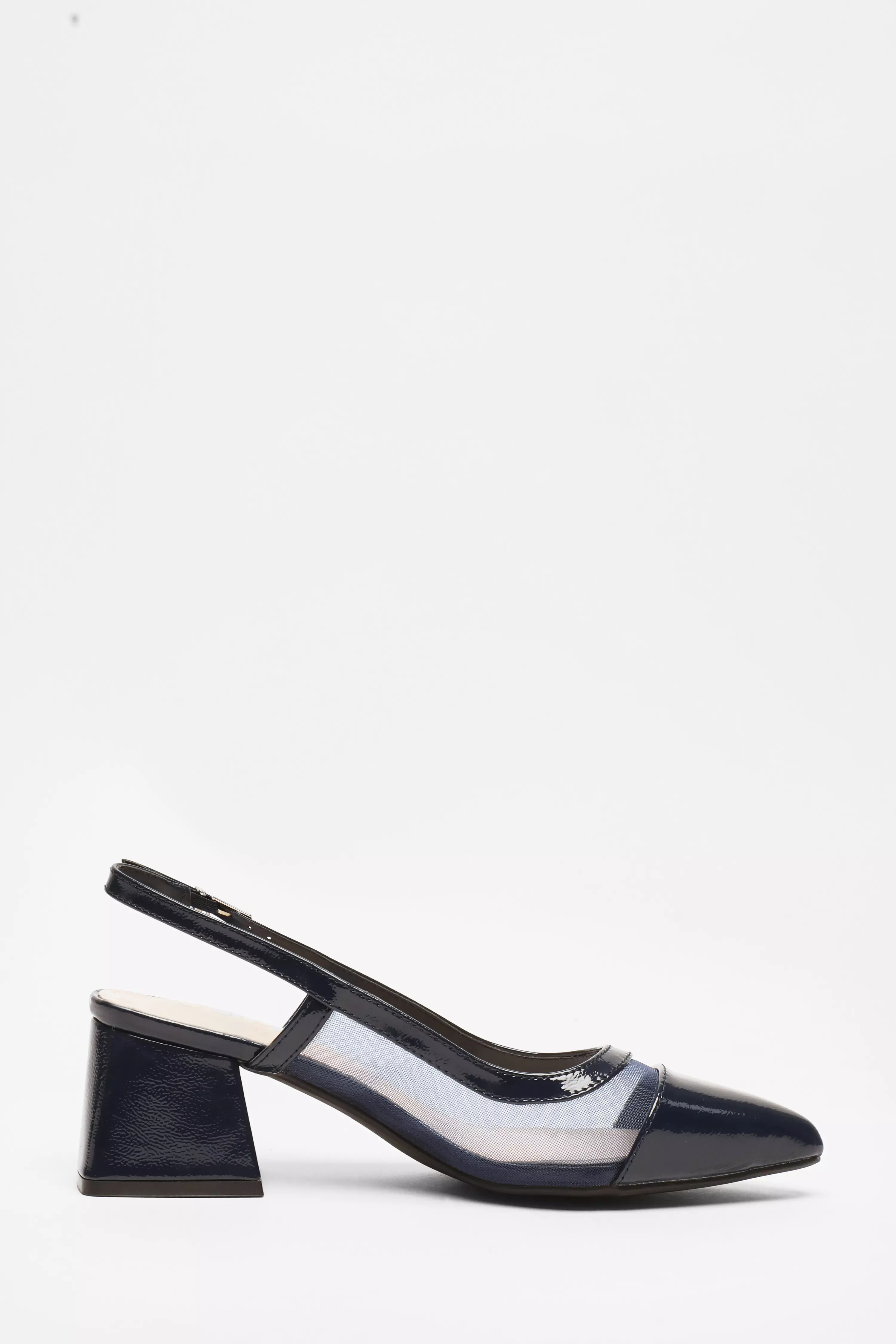 Navy Faux Leather Mesh Low Block Heels