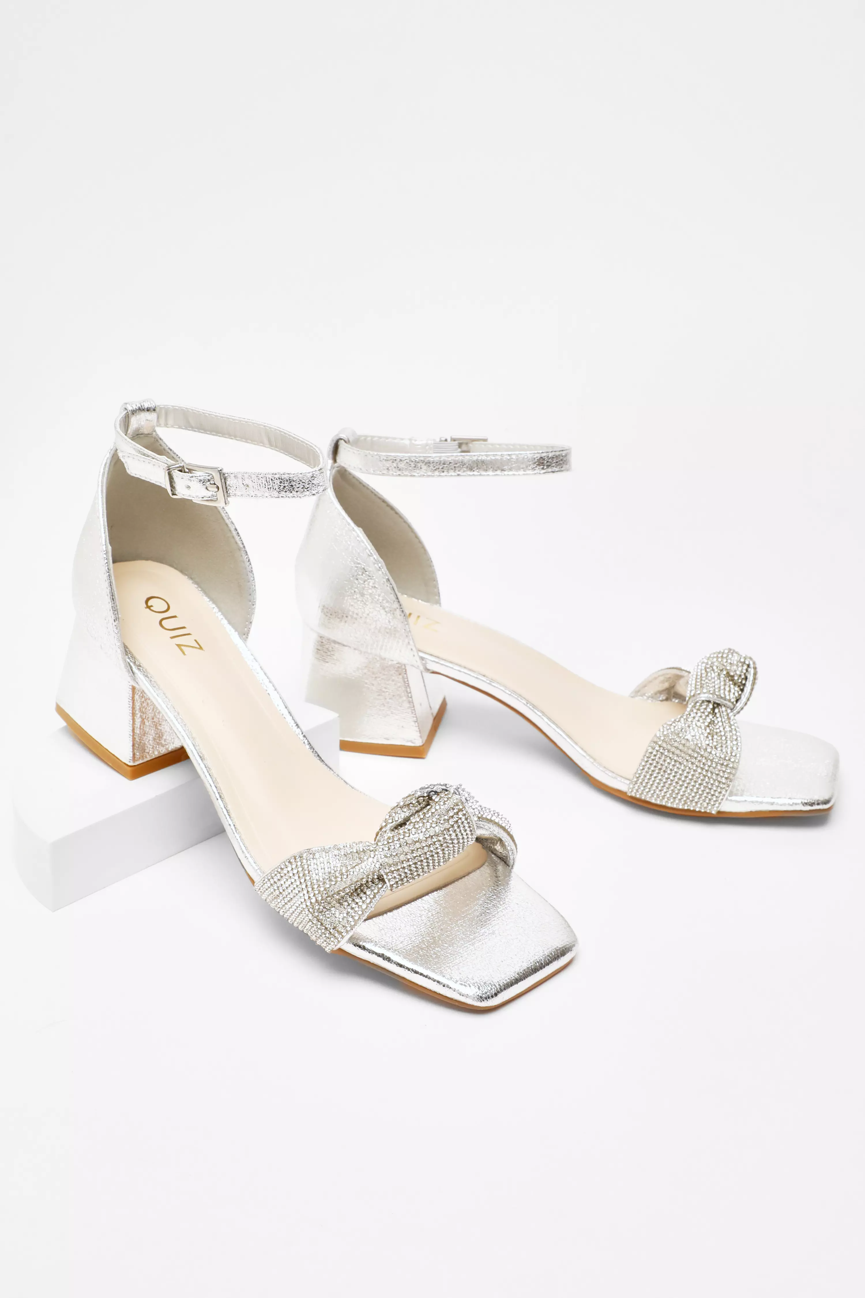 Silver Foil Diamante Knot Front Block Heeled Sandals