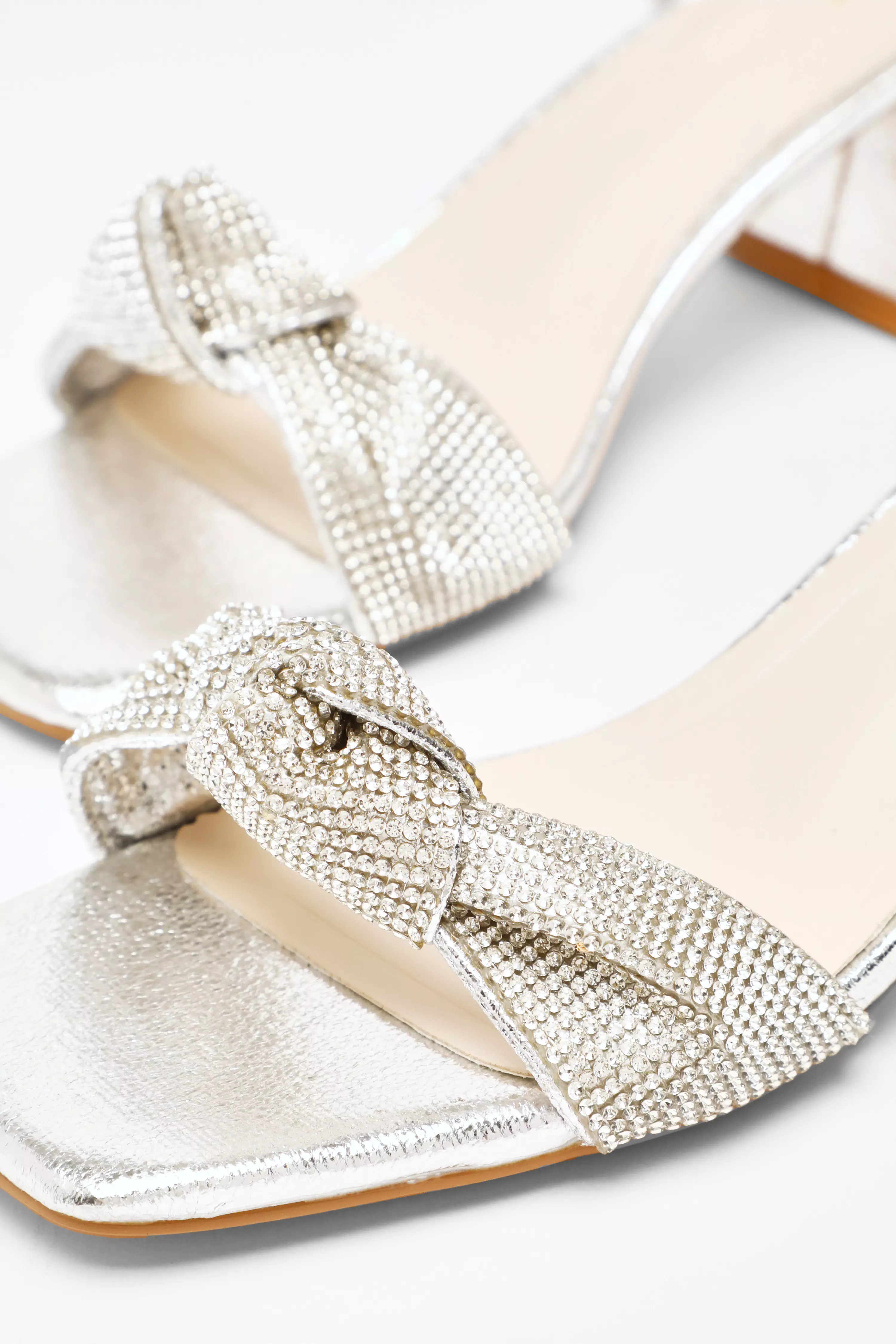 Silver Foil Diamante Knot Front Block Heeled Sandals