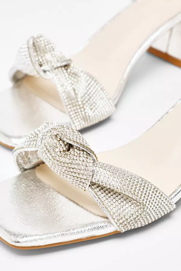 Silver Foil Diamante Knot Block Heeled Sandals