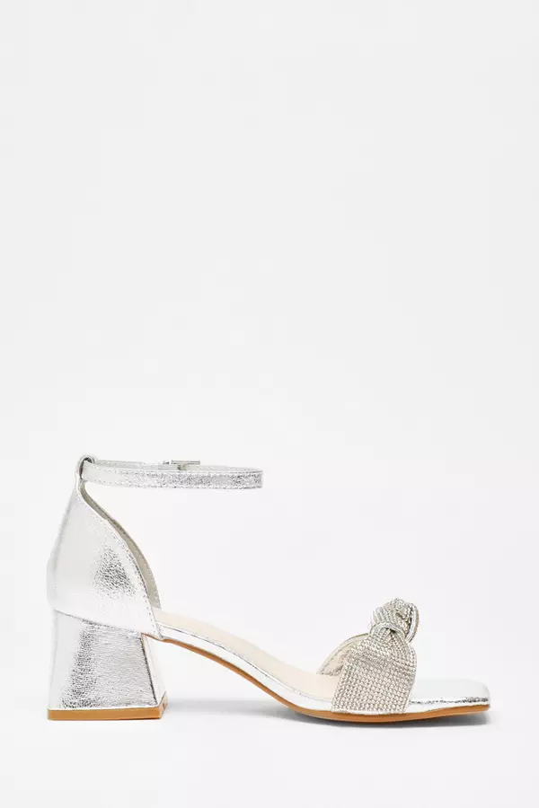Silver Foil Diamante Knot Front Block Heeled Sandals
