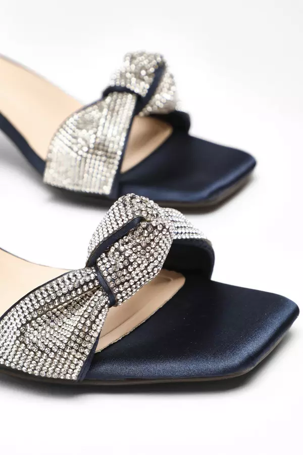 Navy Satin Diamante Knot Front Block Heeled Sandals