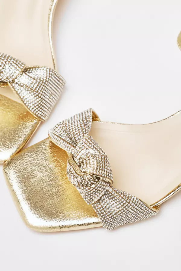 Gold Foil Diamante Knot Block Heeled Sandals