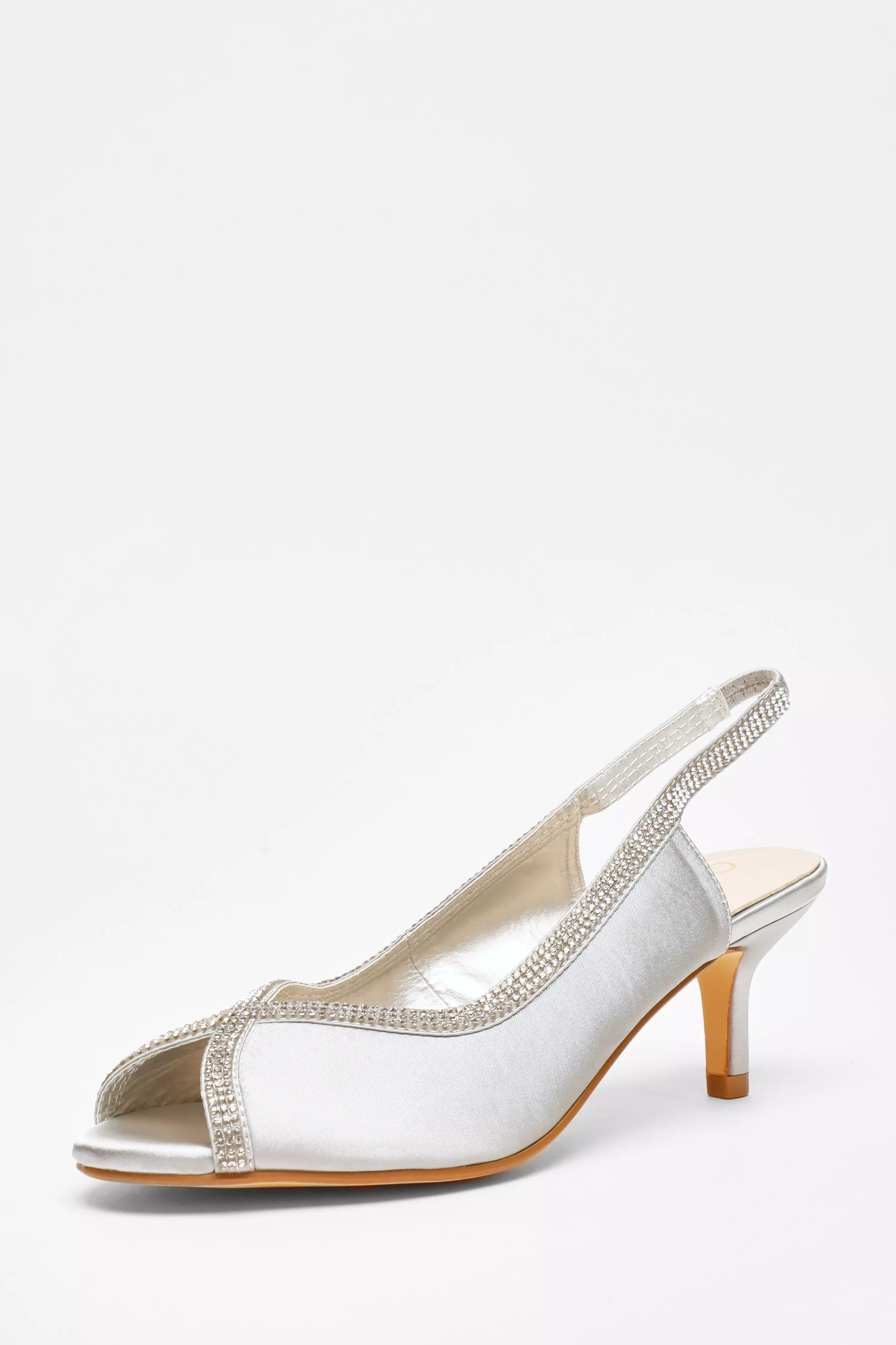 Silver Satin Diamante Low Heeled Slingback Heels