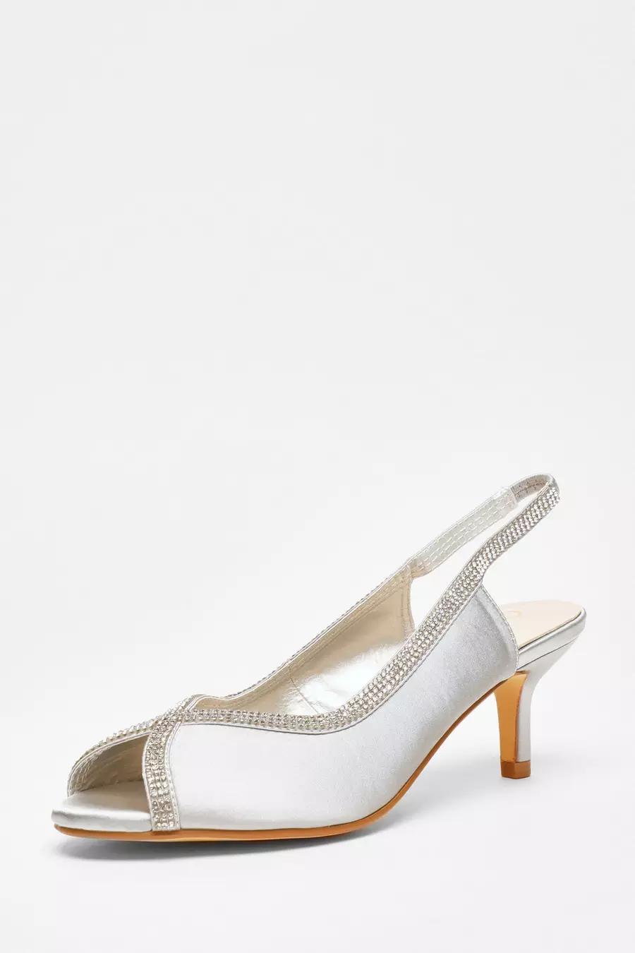 Silver Satin Diamante Low Heeled Slingback Heels QUIZ Clothing