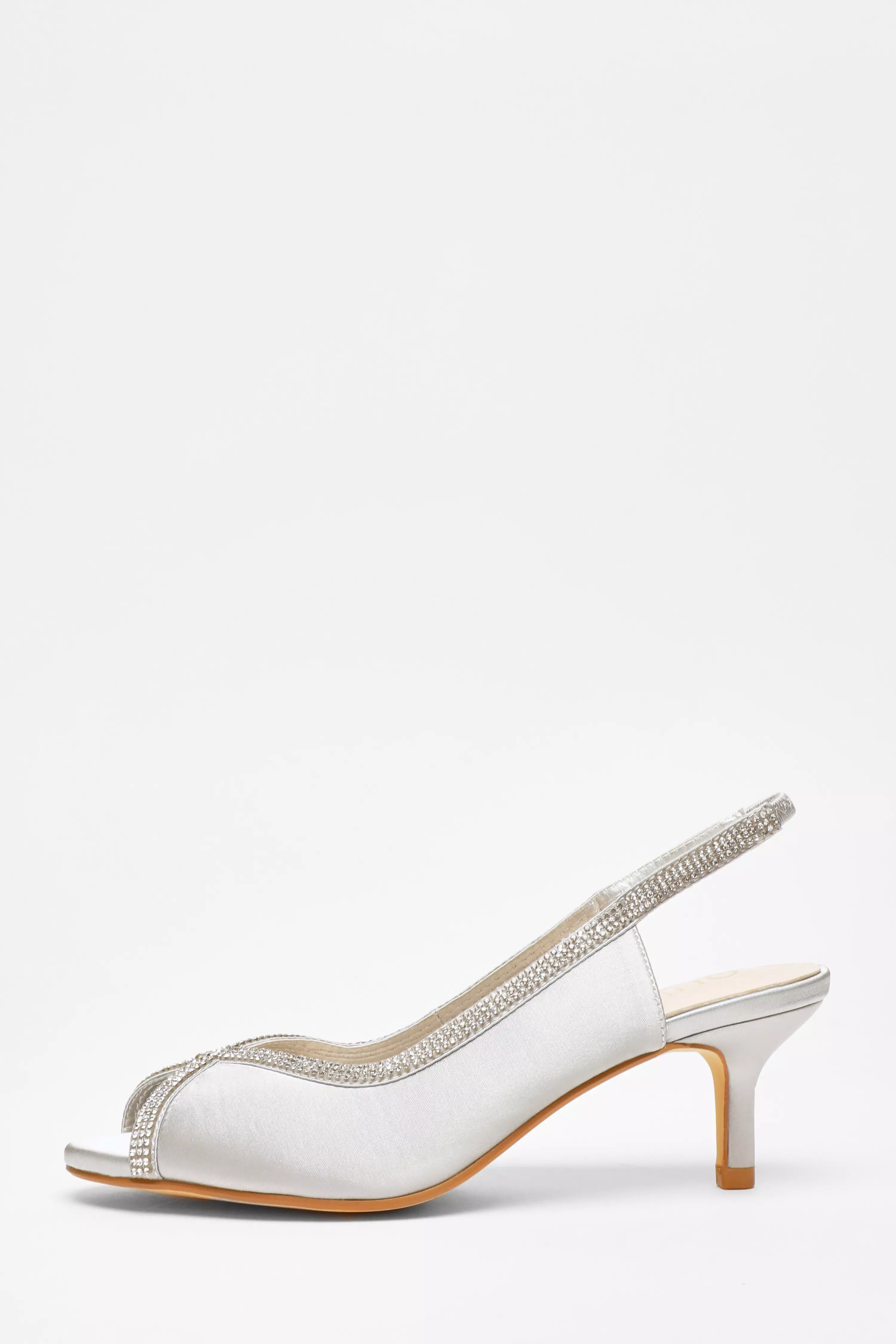 Silver Satin Diamante Low Heeled Slingback Heels